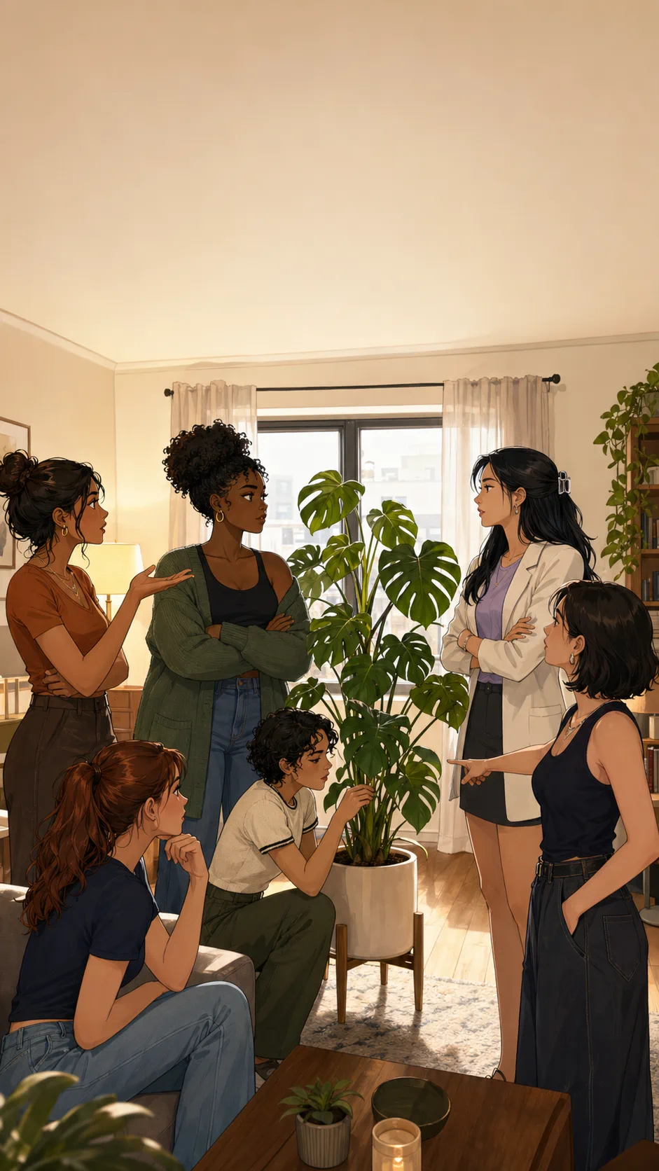 Nia, Sloane, and friends stand around the moved plant in a generic apartment, visibly split into different opinions.