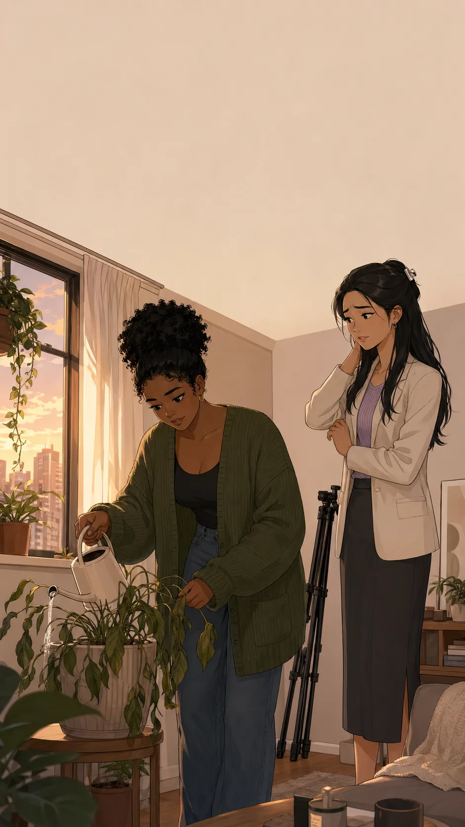 Nia waters the drooping plant back in the sunny corner while Sloane stands nearby looking apologetic.