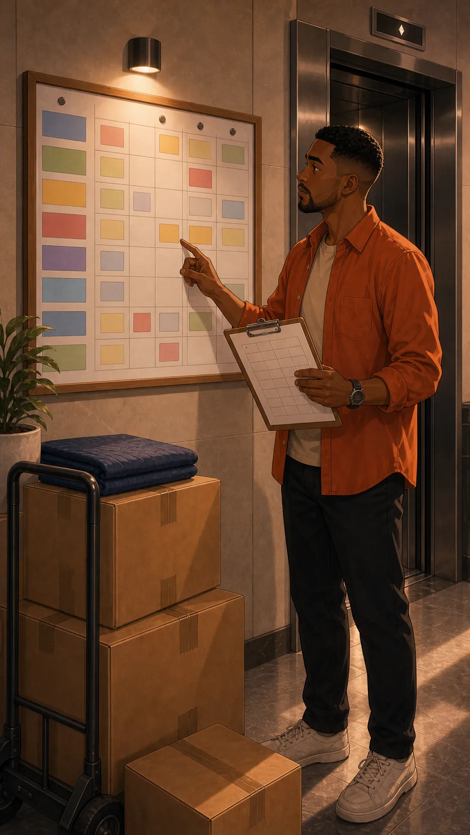 Marcus looks at a blank elevator reservation board.