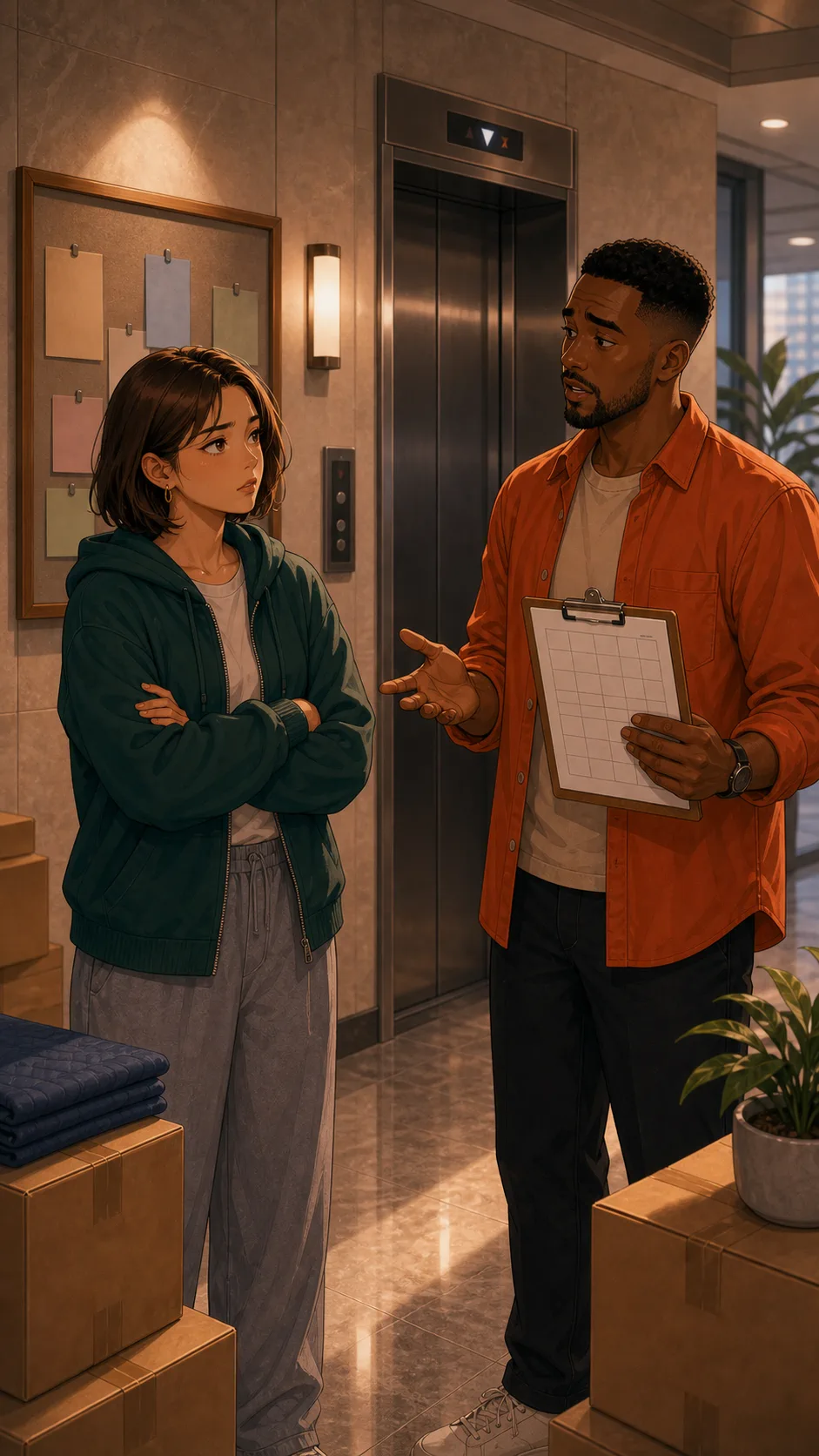 Nia and Marcus discuss the elevator signup sheet.
