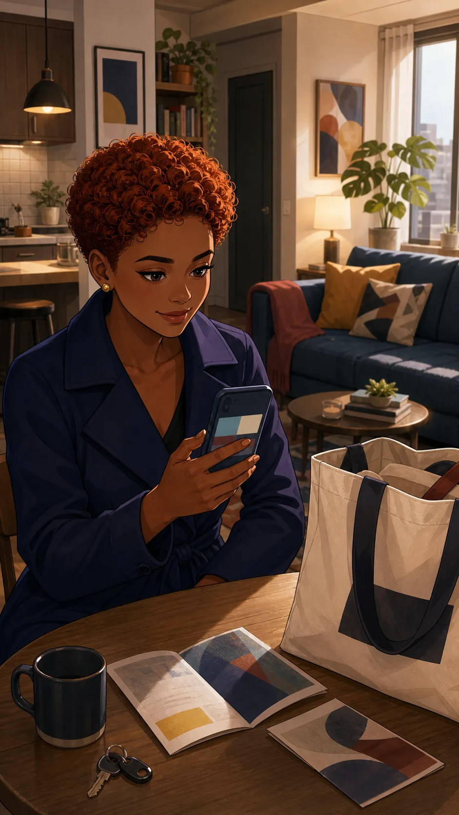 Riley looks at a digital guest pass on her phone at home.