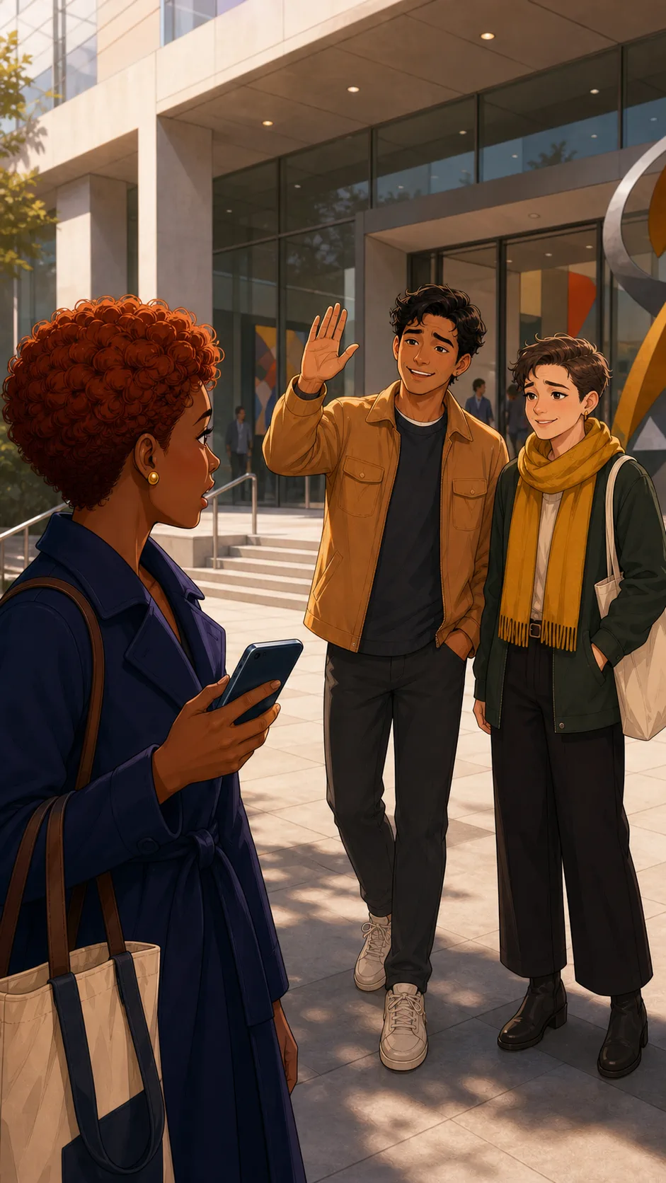 Jordan arrives at the museum with Sam while Riley approaches.