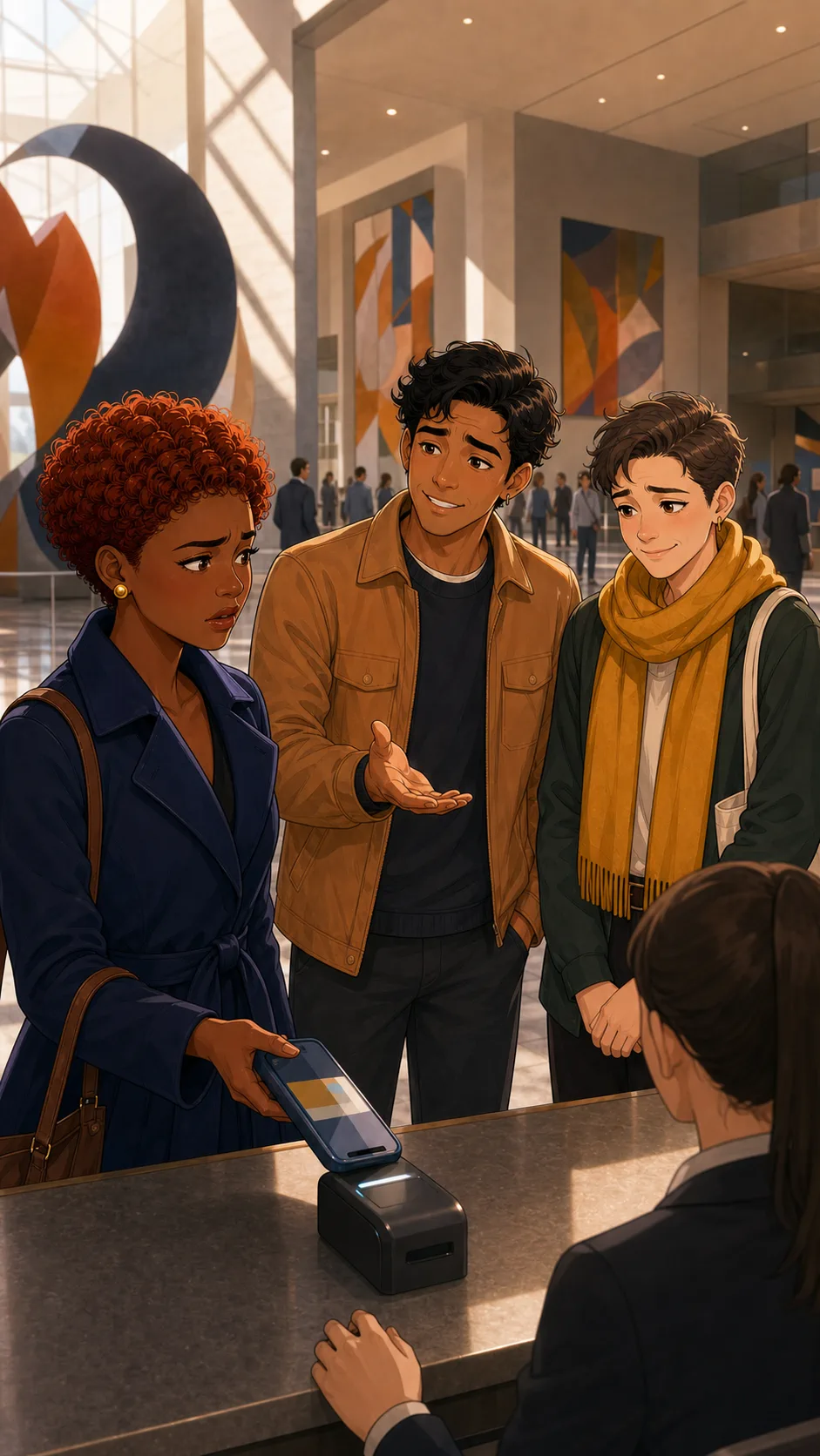 Riley scans her guest pass for Sam at a generic museum entrance.