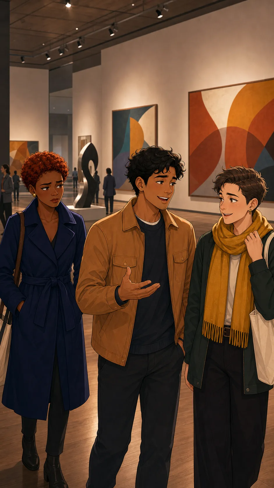 Riley trails behind Jordan and Sam inside a generic museum gallery.