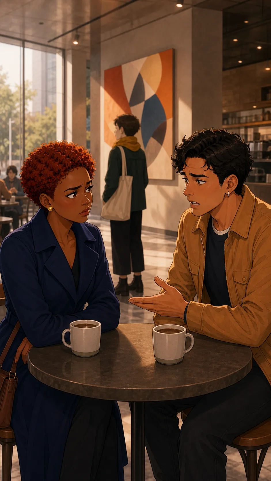 Riley and Jordan discuss the pass at a generic museum cafe table.