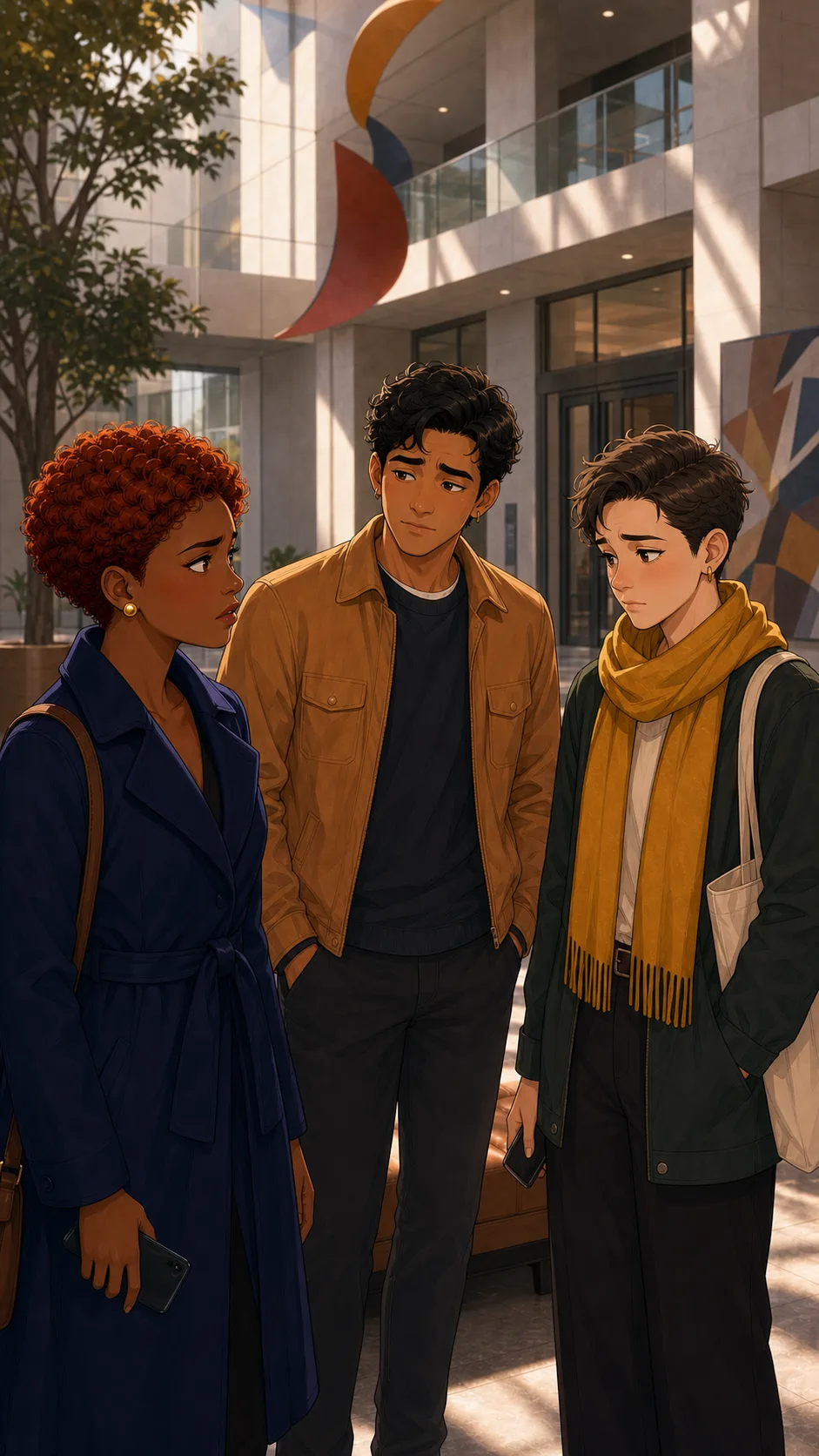Riley, Jordan, and Sam stand thoughtfully in a museum lobby.