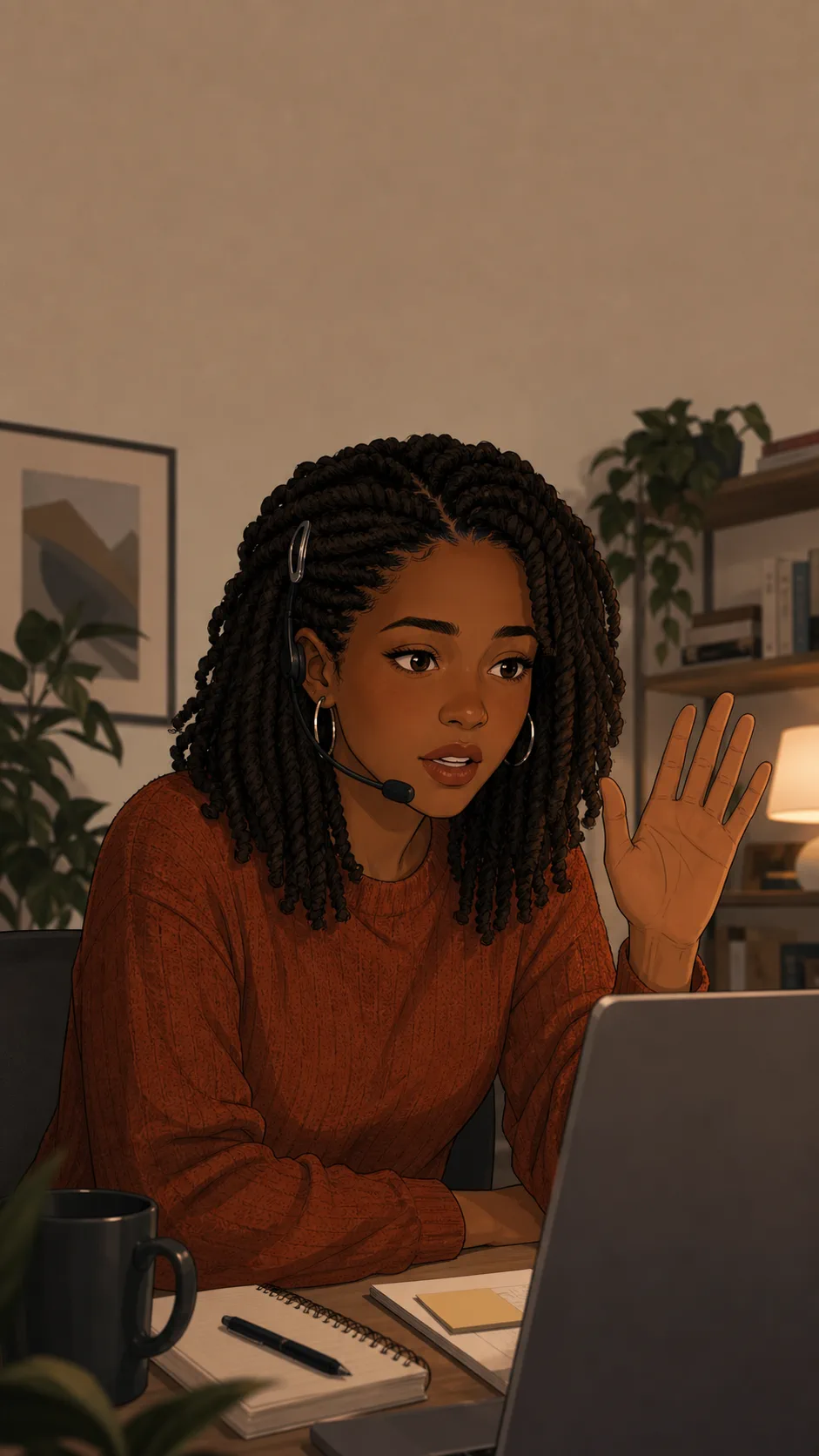 Nia raises one hand slightly while speaking into a headset at her apartment desk.
