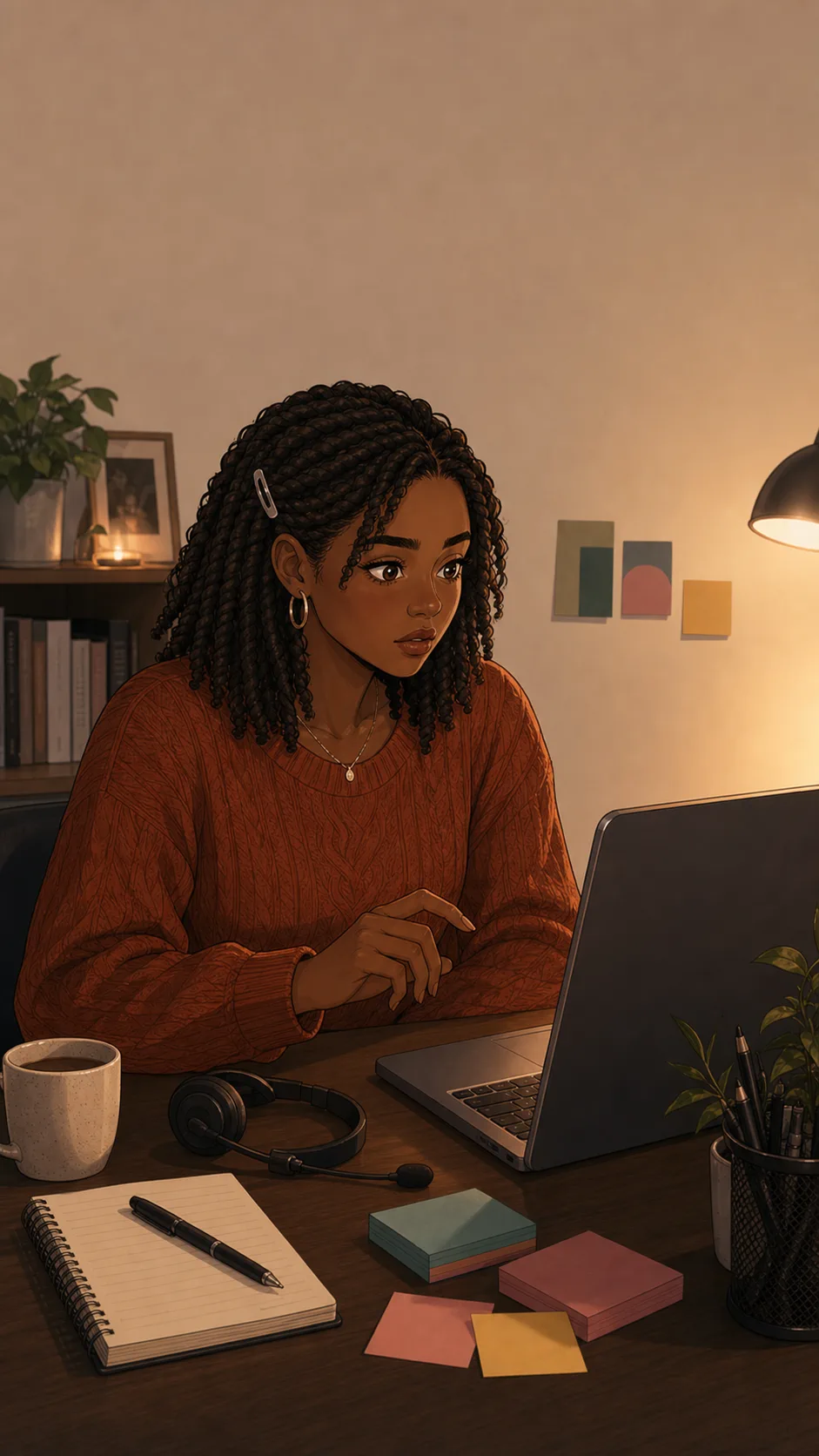 Nia stares at her turned-away laptop after being muted during a team call.