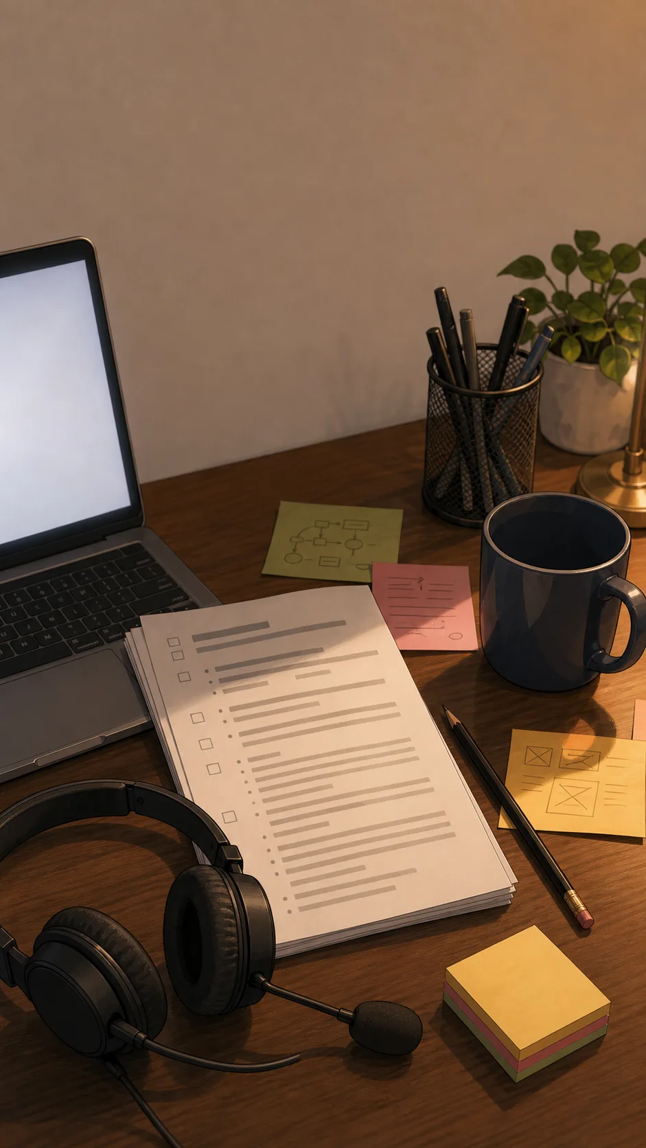 A desk evidence montage shows an unreadable action list, sticky notes, a headset, and a laptop edge.