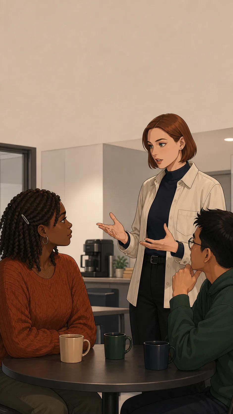 Harper explains herself to Nia in a generic office break area after the meeting.
