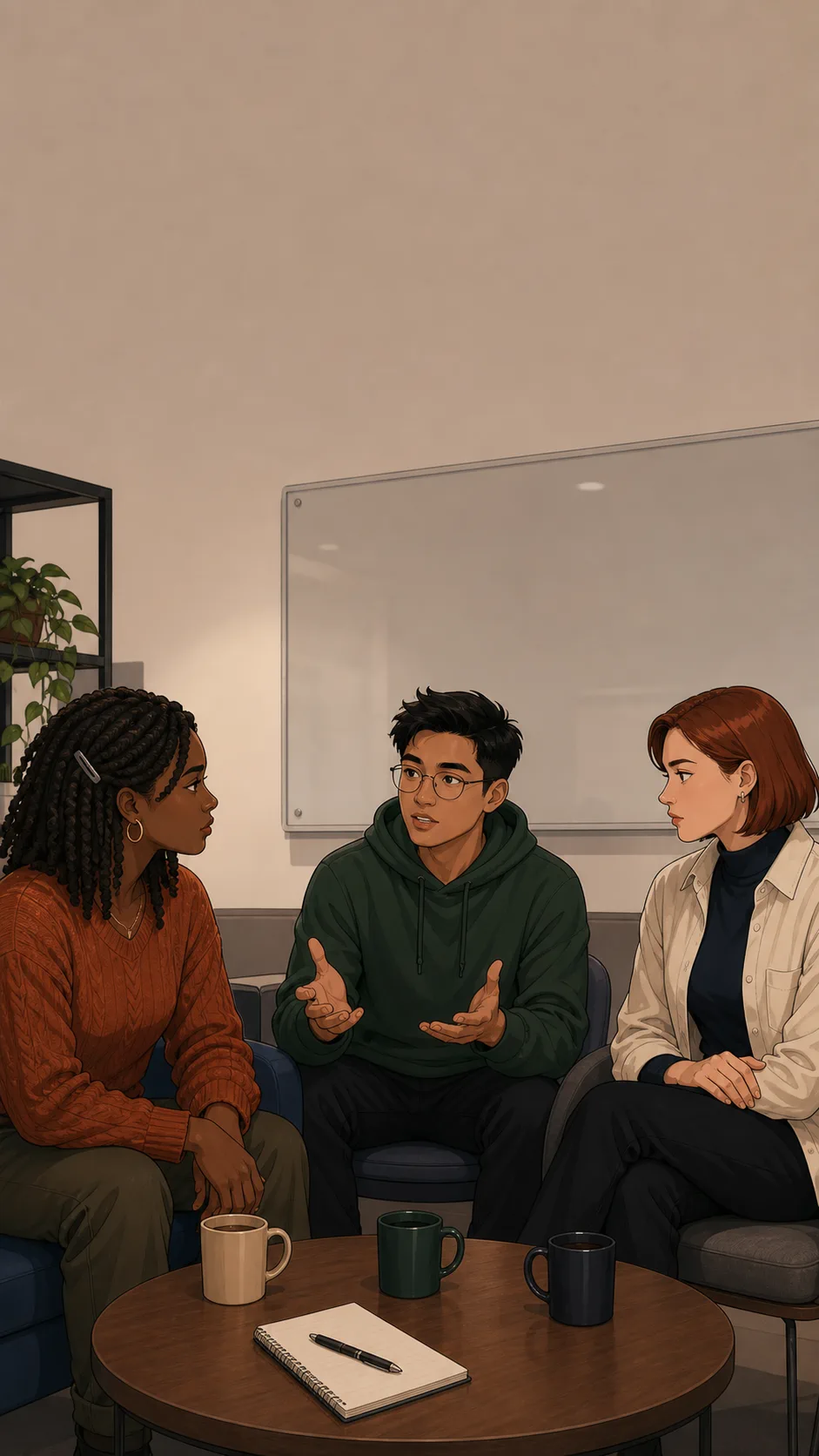 Nia, Harper, and Mateo sit in a generic workspace lounge discussing meeting norms.