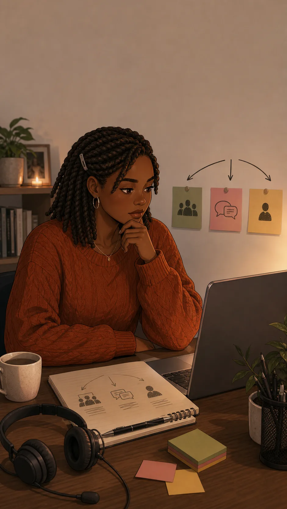 Nia sits thoughtfully at her apartment desk before the next team call with a headset beside her.
