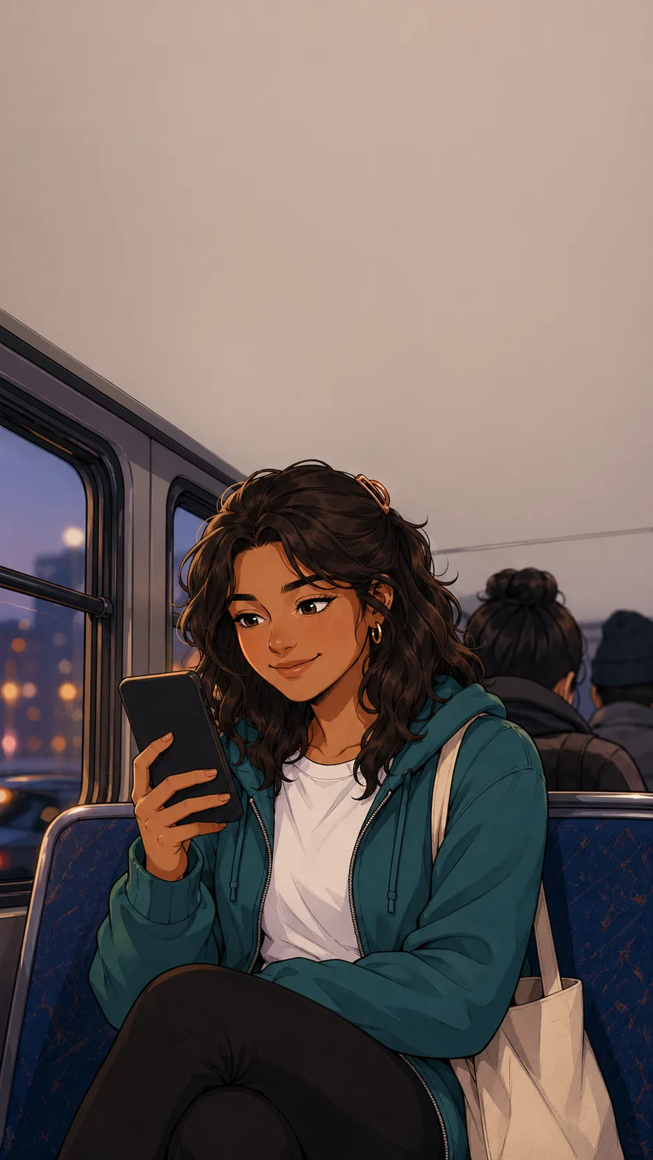 Maya rides home after work holding her phone with the screen facing herself.