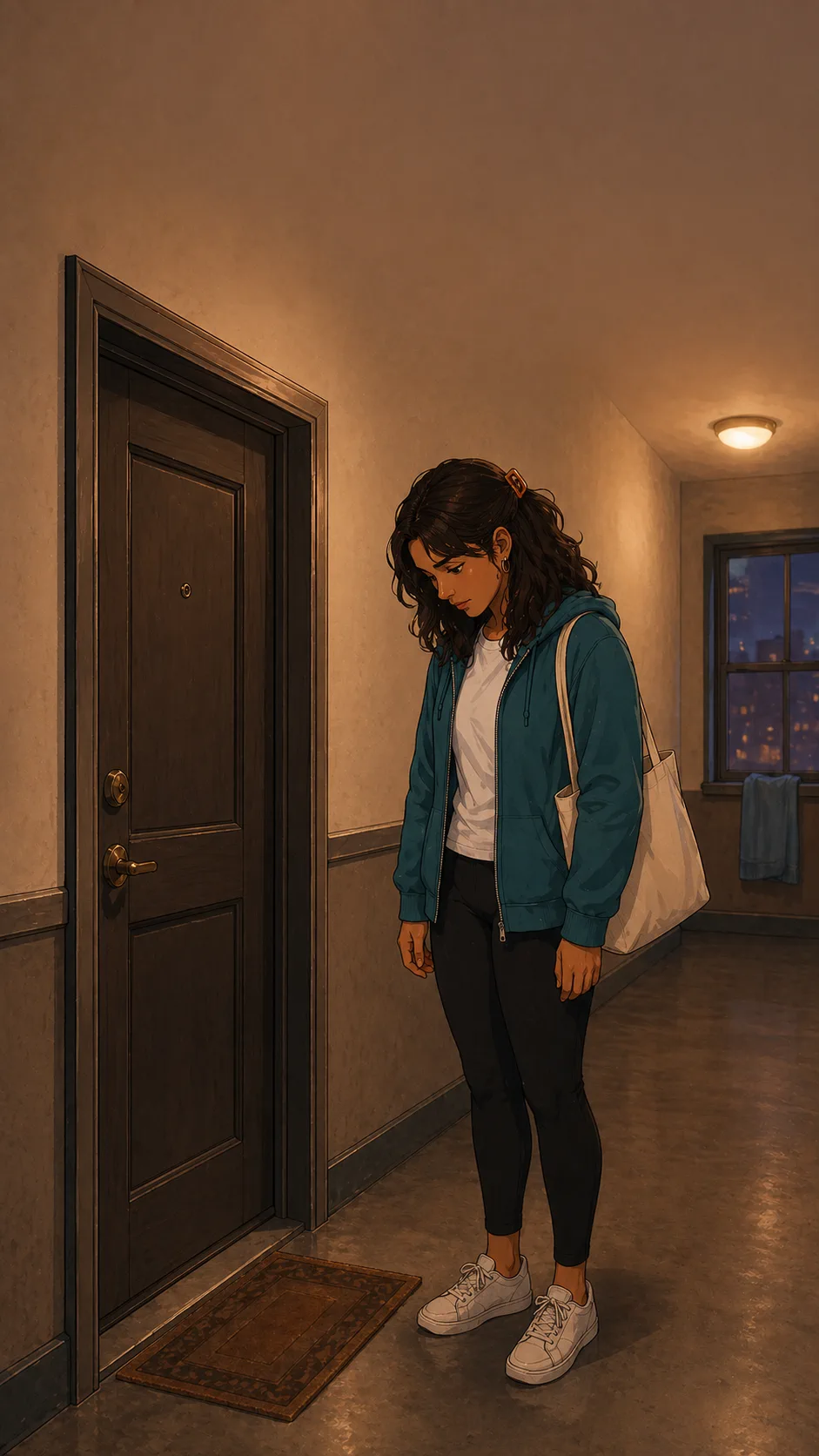 Maya stands in a generic apartment hallway looking at the empty floor outside her door.