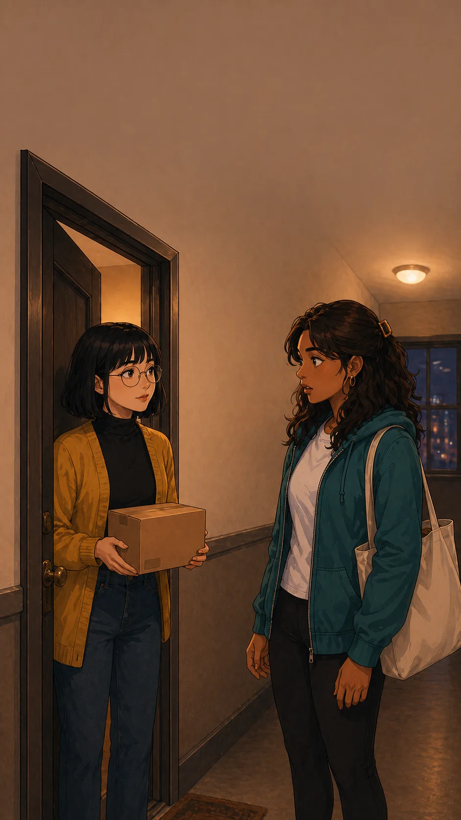 Tessa opens her apartment door holding a plain cardboard package while Maya looks surprised.