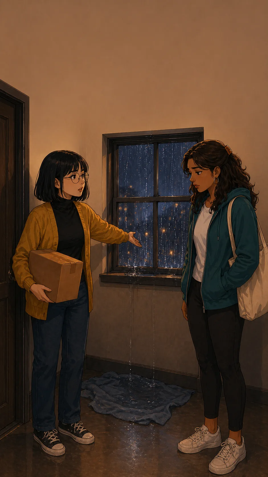 Tessa points to a leaking hallway window and a towel on the floor while Maya listens.