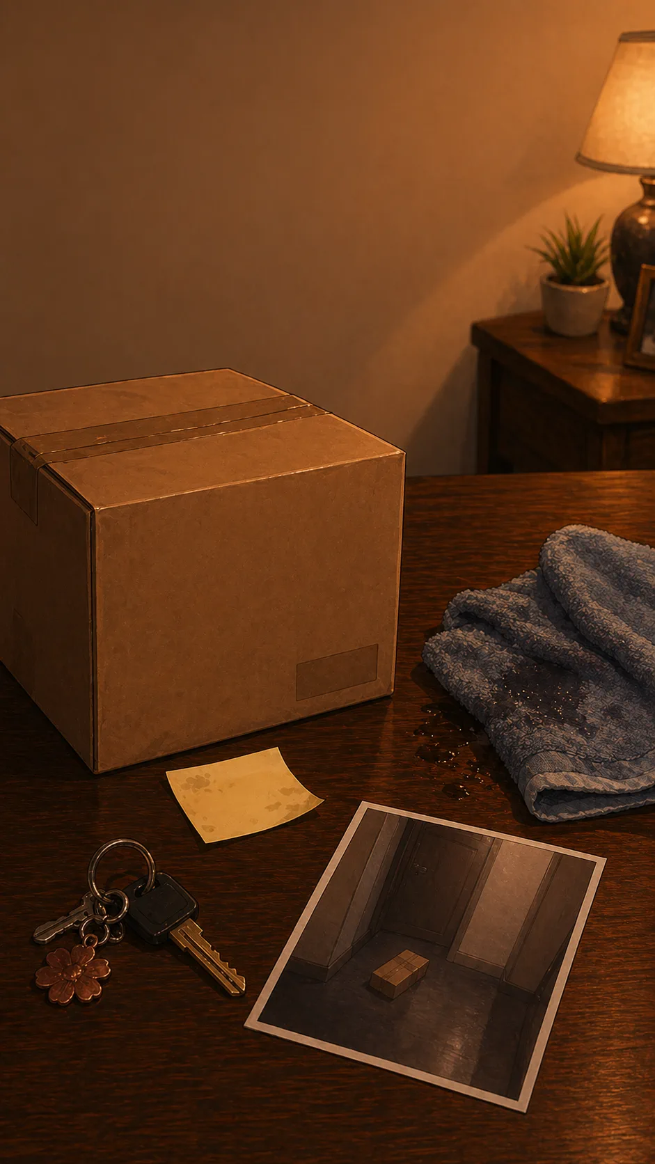 A tabletop evidence scene shows a plain package, fallen note, damp towel edge, keys, and an unreadable delivery photo printout.