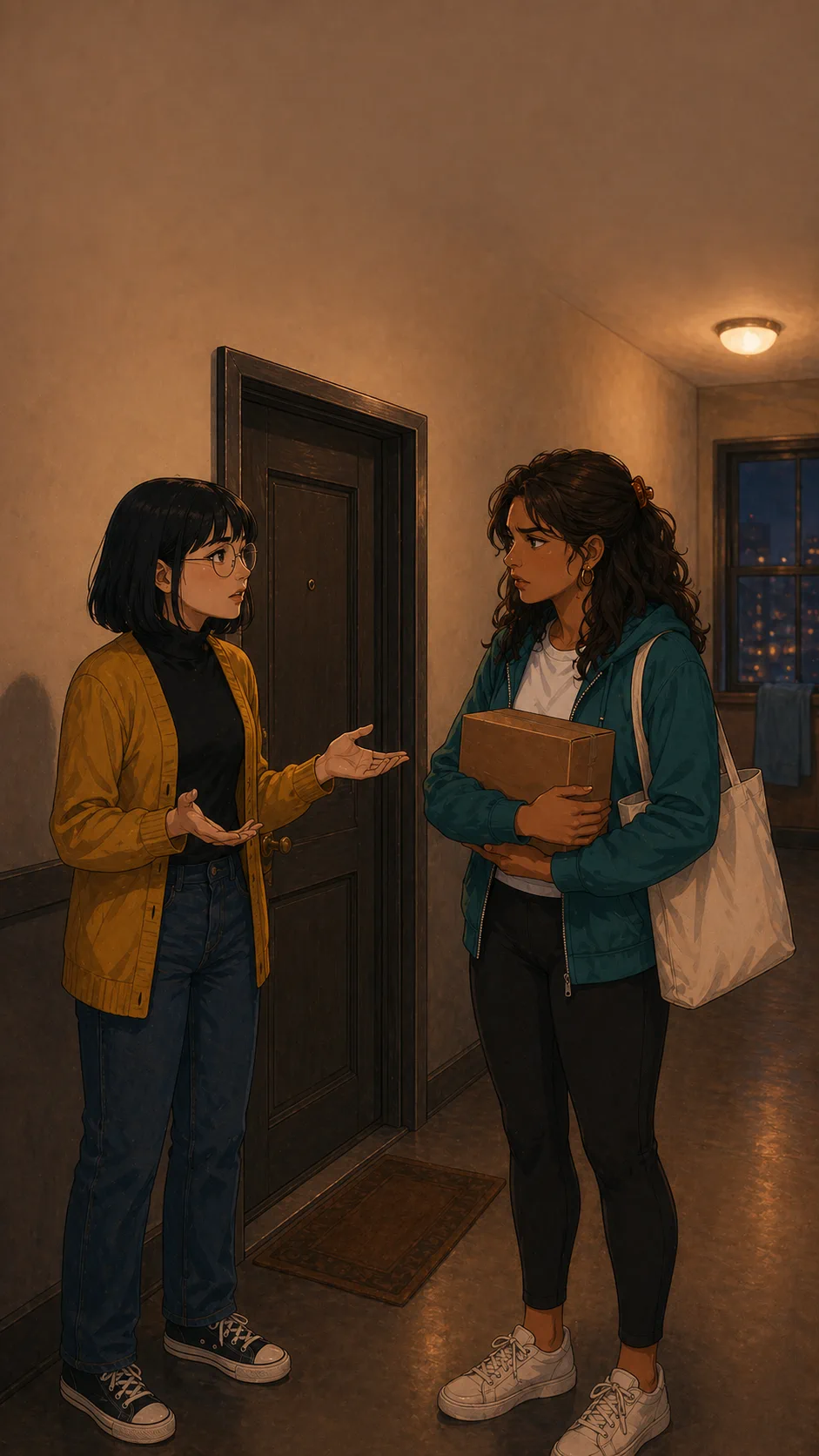 Maya and Tessa argue calmly in a generic apartment hallway while Maya holds the package.