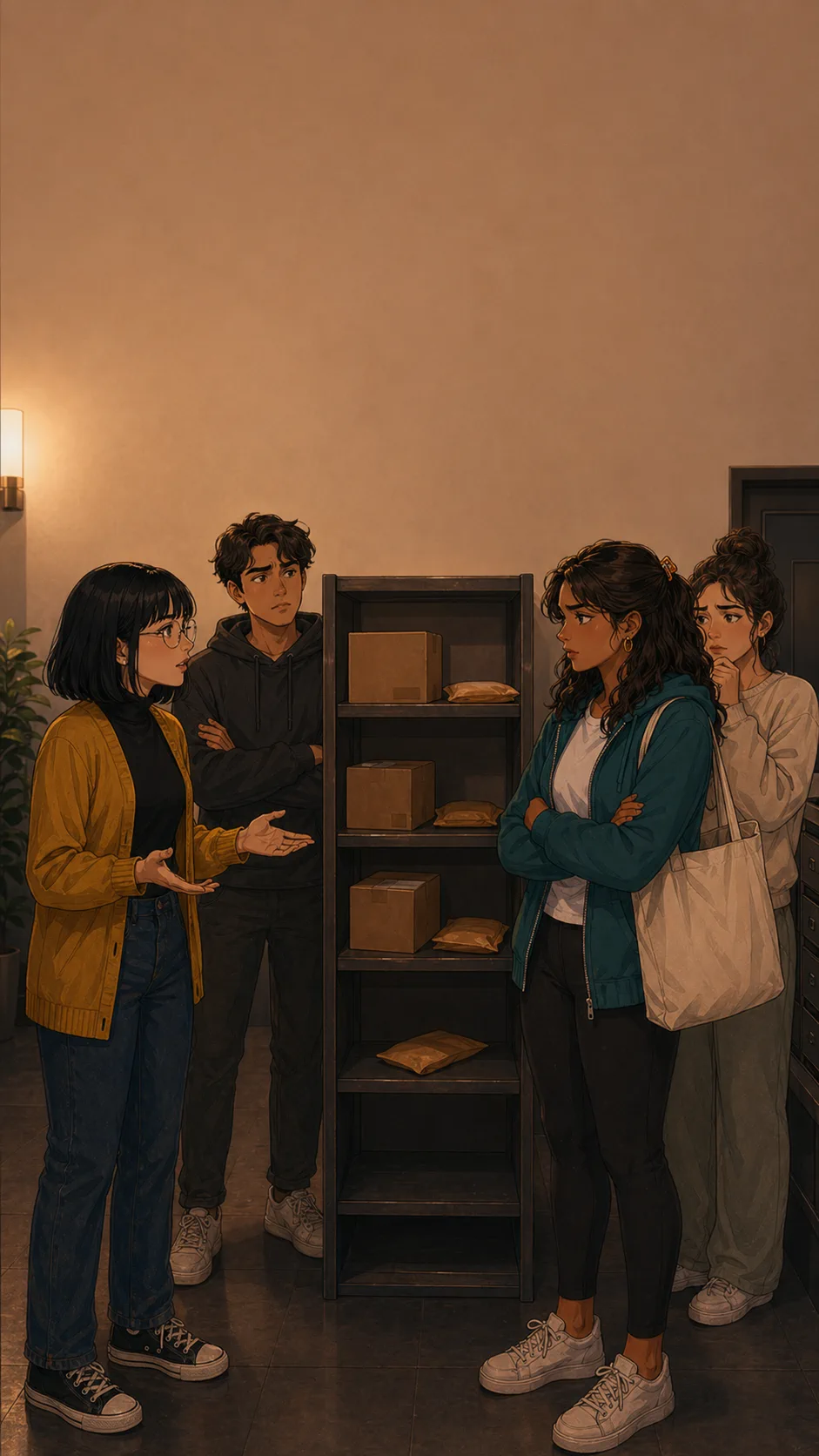 Maya, Tessa, and two neighbors stand in a generic apartment lobby near a blank package shelf with divided reactions.