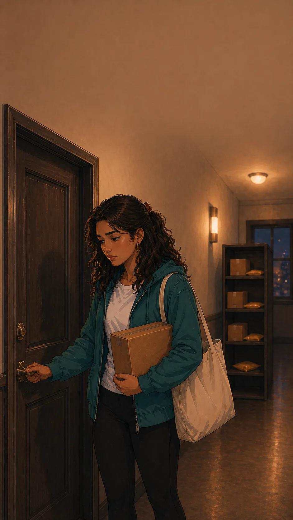 Maya stands outside her apartment door holding the recovered package and looking conflicted.