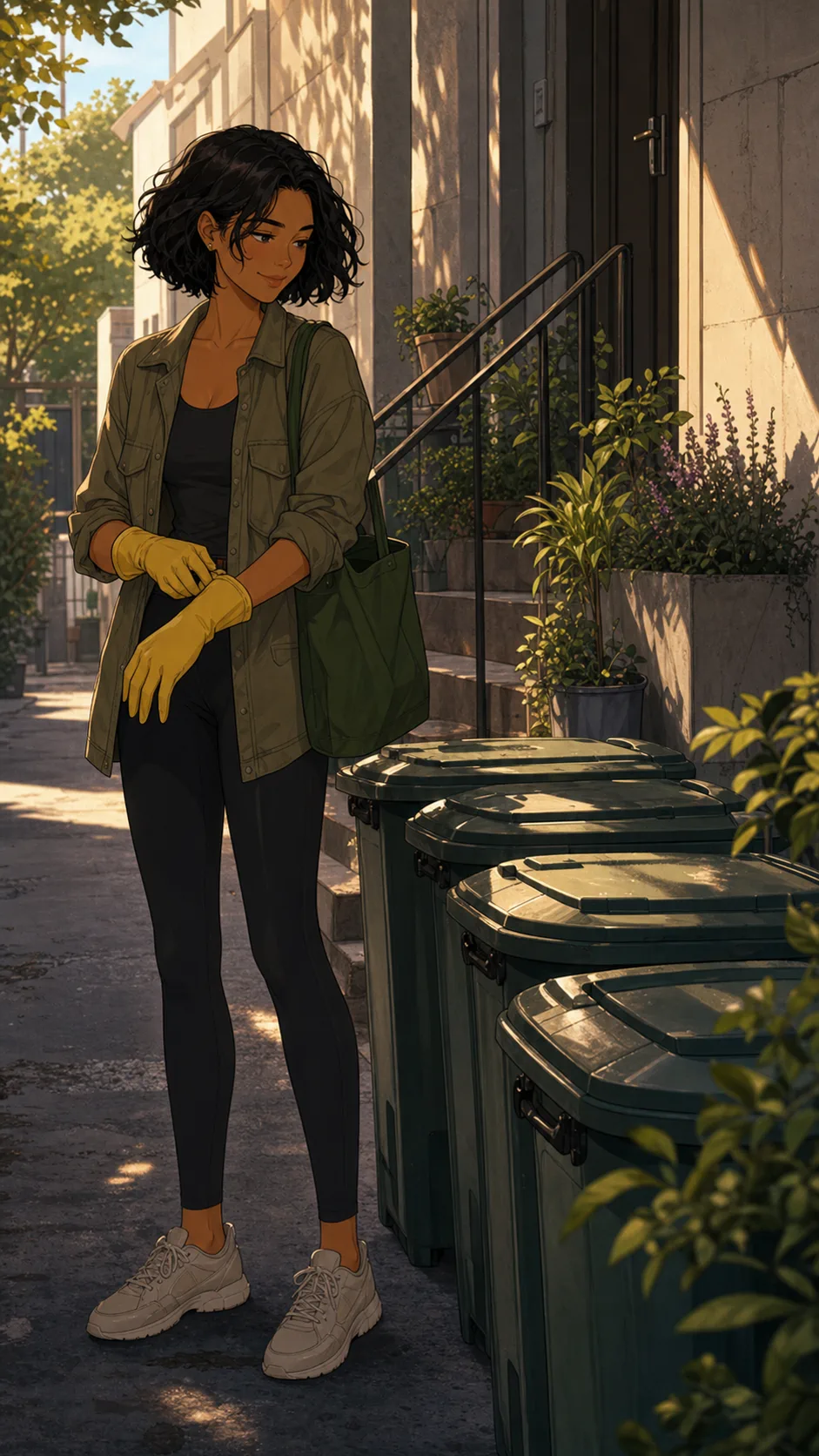 Maya stands beside a neat compost bucket in a plain apartment side yard.