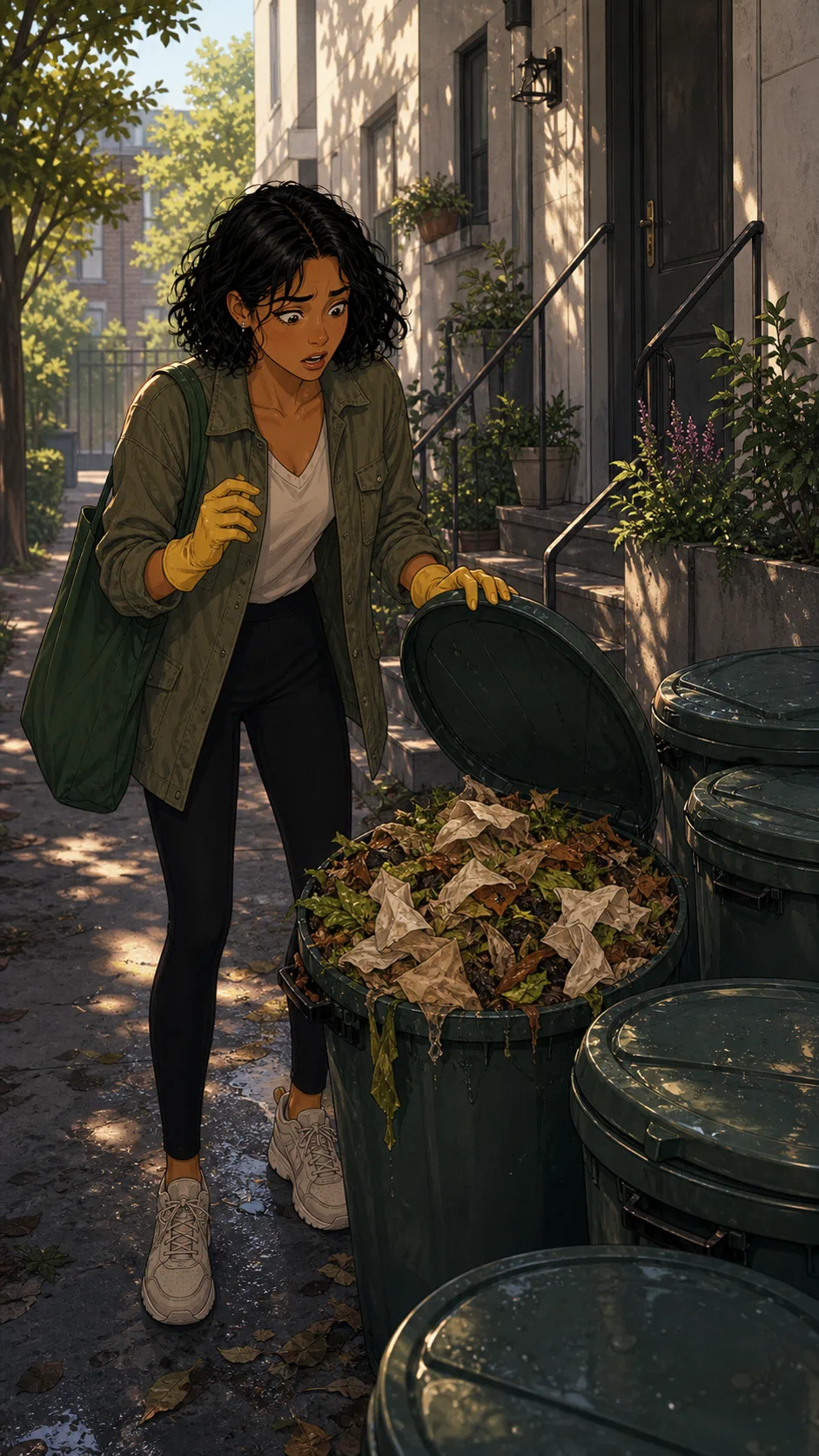 Maya opens the bin and reacts to overflowing food scraps and soggy paper.