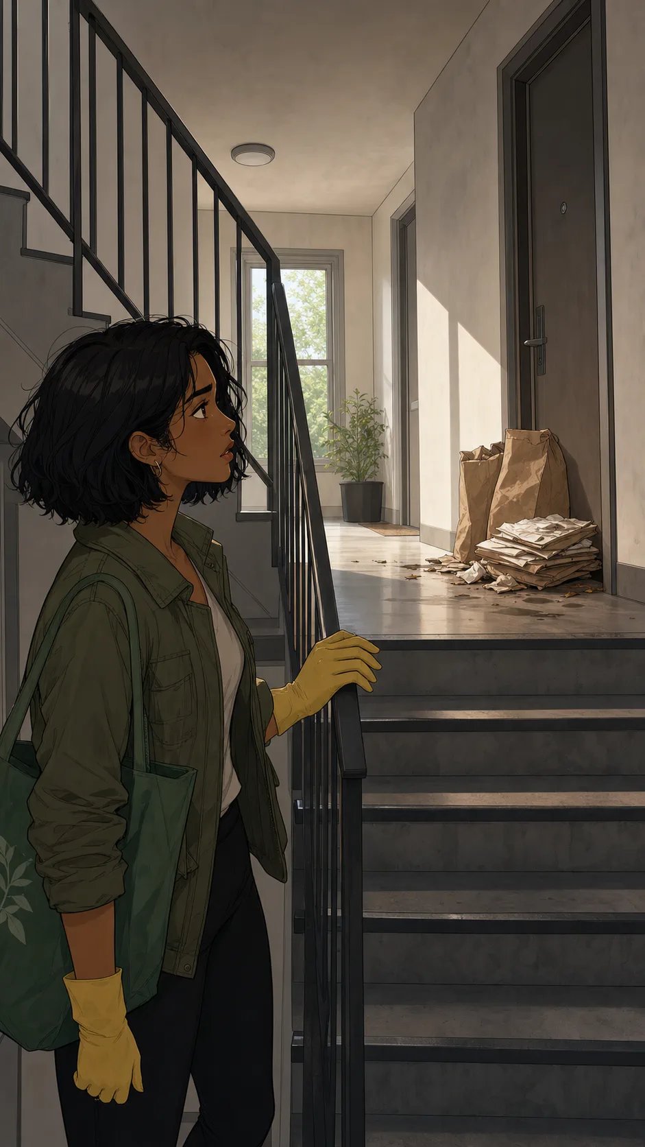 Maya notices flattened paper bags near an upstairs apartment door.