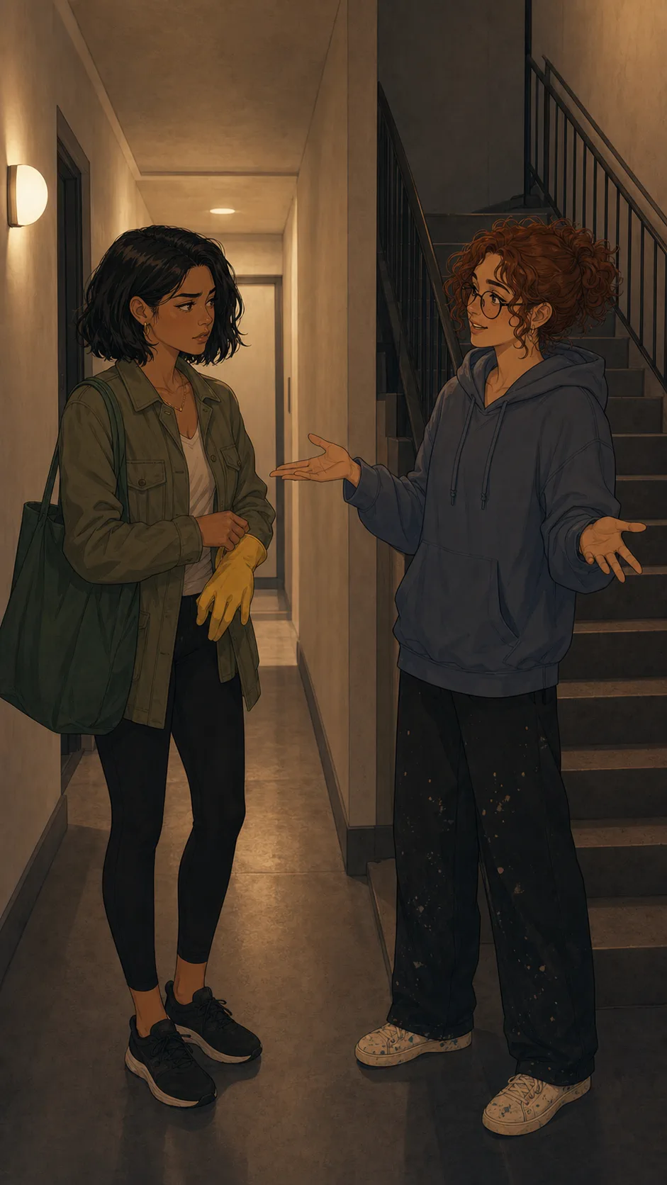 Maya and Rowan discuss the compost bucket in a neutral hallway.