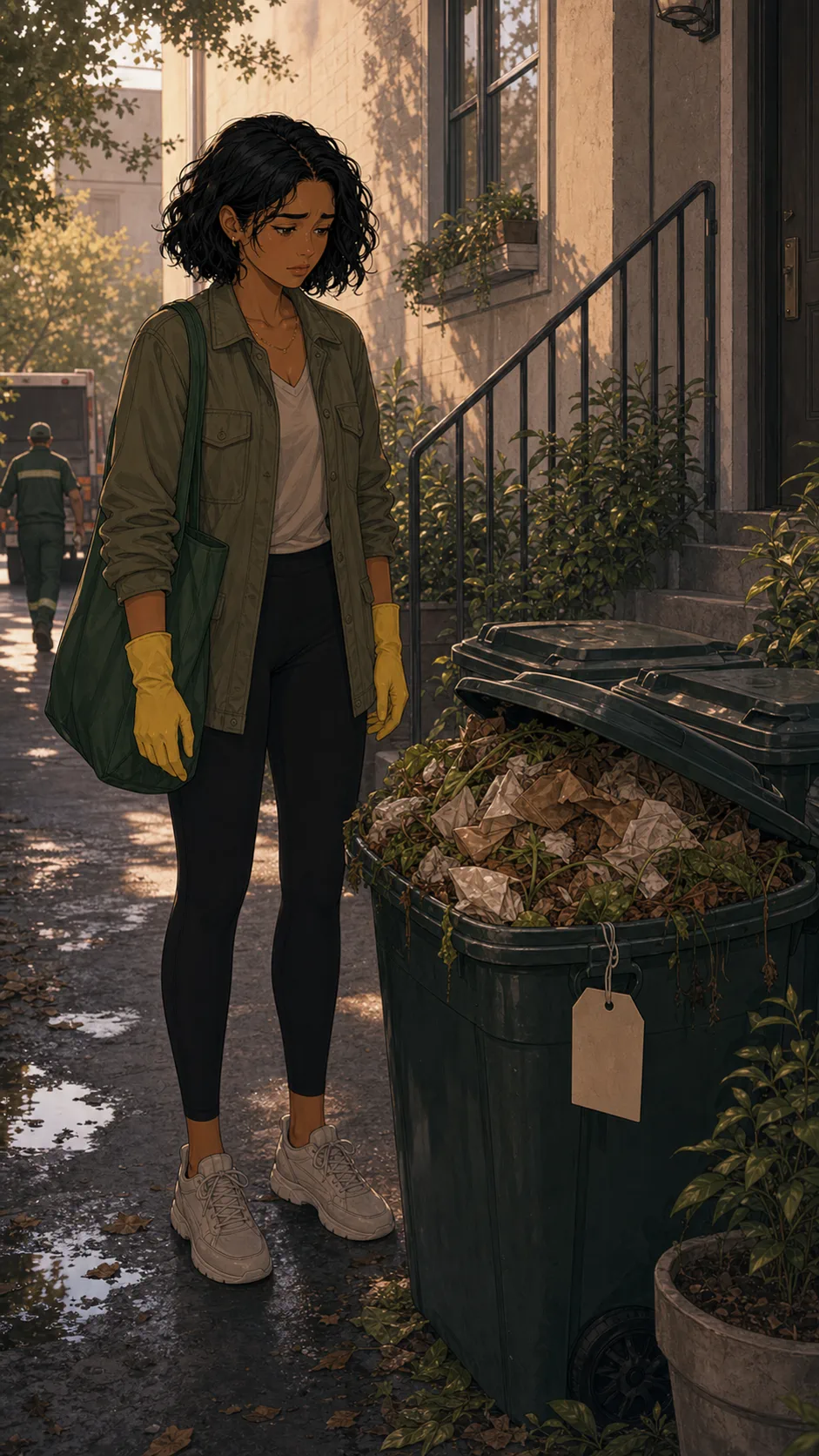 An overflowing compost bucket sits uncollected after pickup.