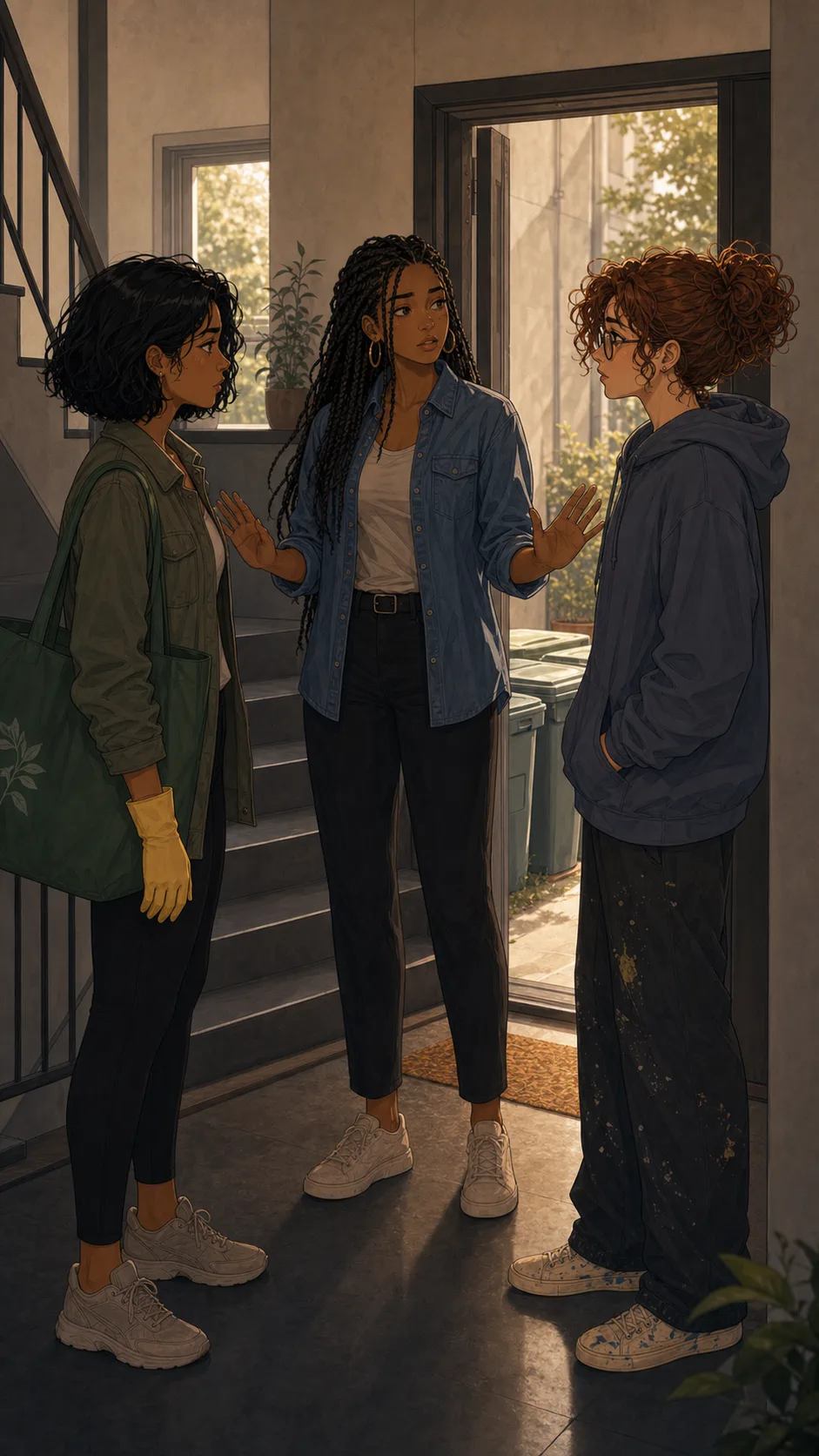 Nina mediates a hallway conversation about the compost buckets.