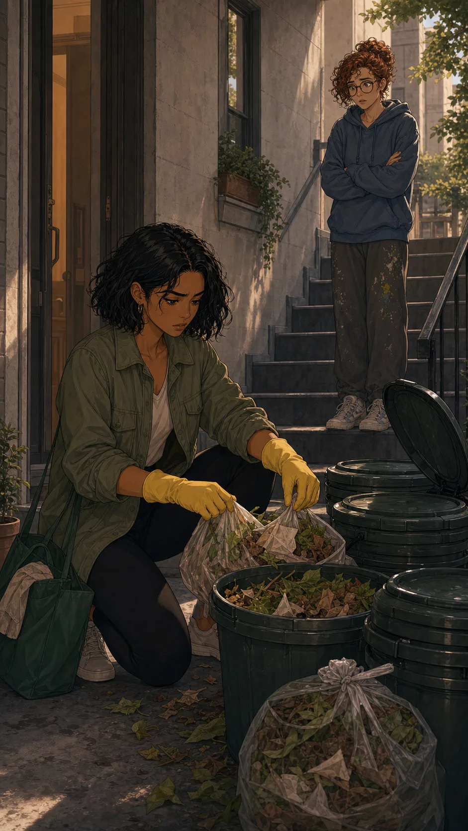 Maya sorts compost while Rowan watches from the stairs.