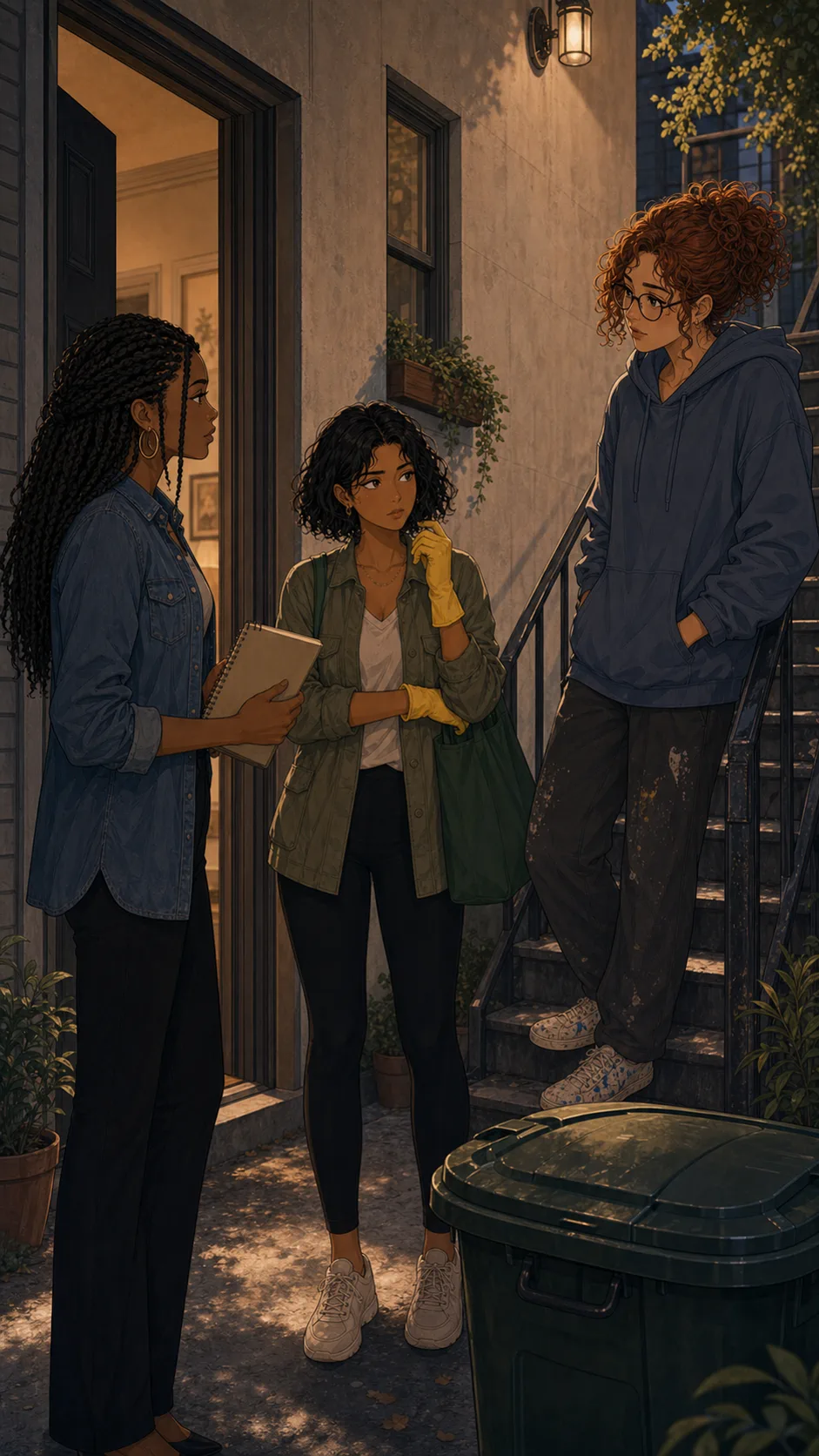 Maya stands between the compost bucket, Rowan, and Nina before deciding what to do.