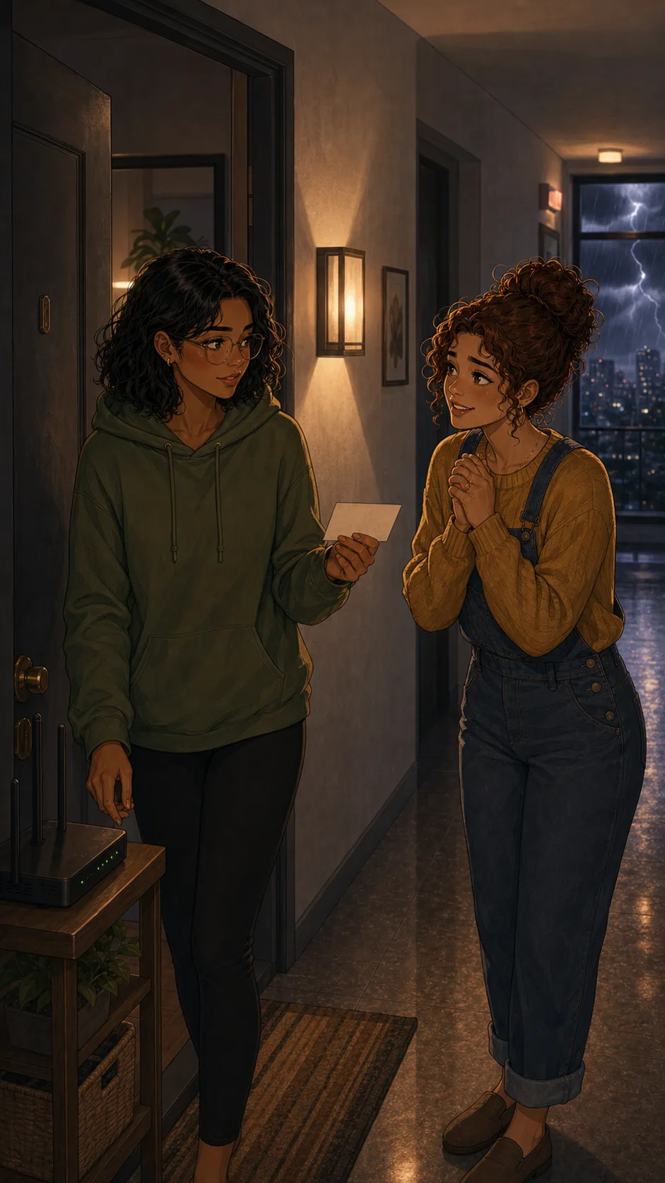 A fictional apartment renter shares a blank note card with a relieved neighbor during a storm outage.