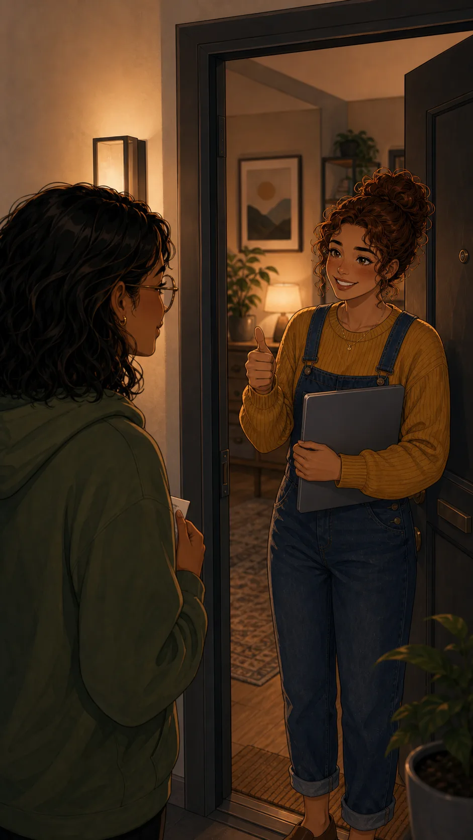 A fictional neighbor thanks an apartment renter while holding a laptop near her doorway.