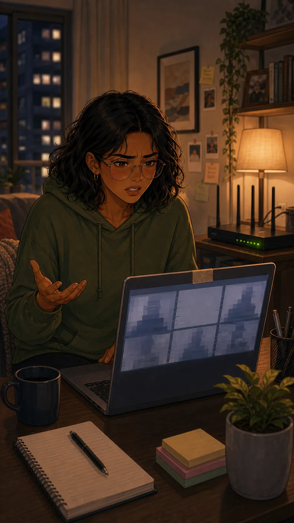 A fictional renter looks frustrated during a frozen video call with router lights behind her.