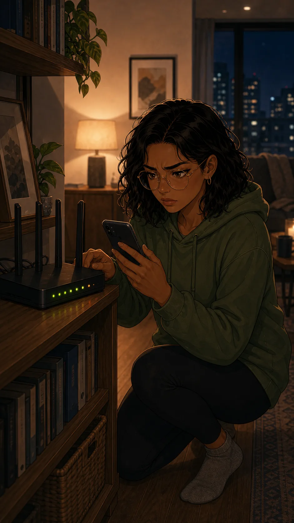 A fictional renter checks a home router and an unreadable phone screen with a concerned expression.