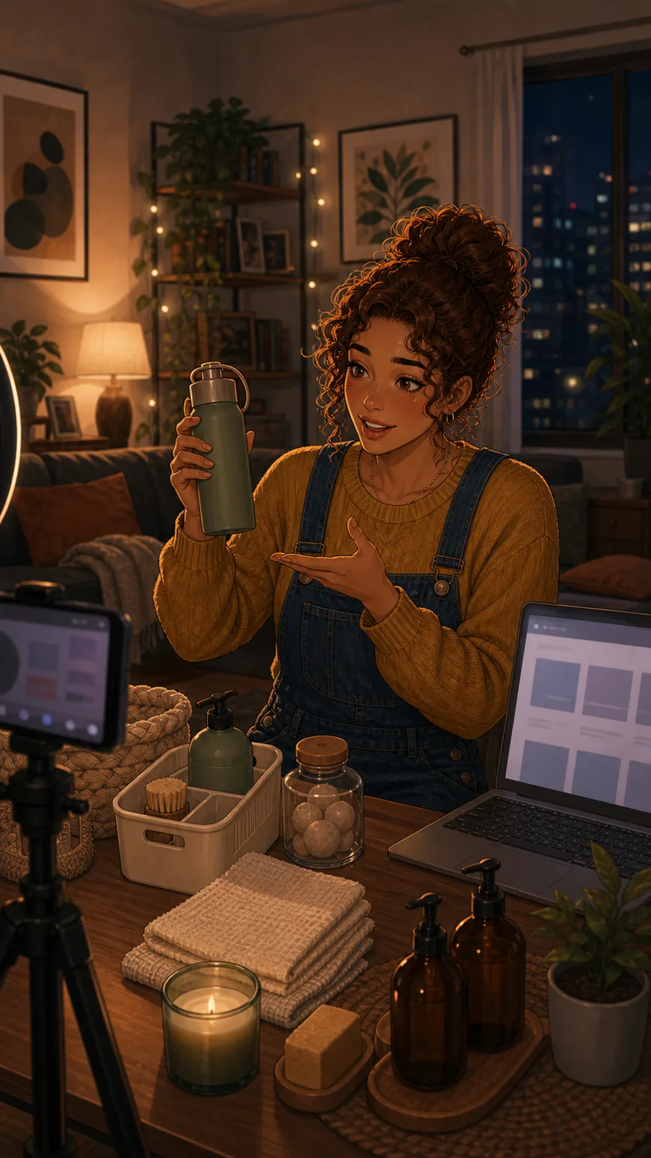 A fictional neighbor streams beside generic unbranded household items with unreadable glowing screens.