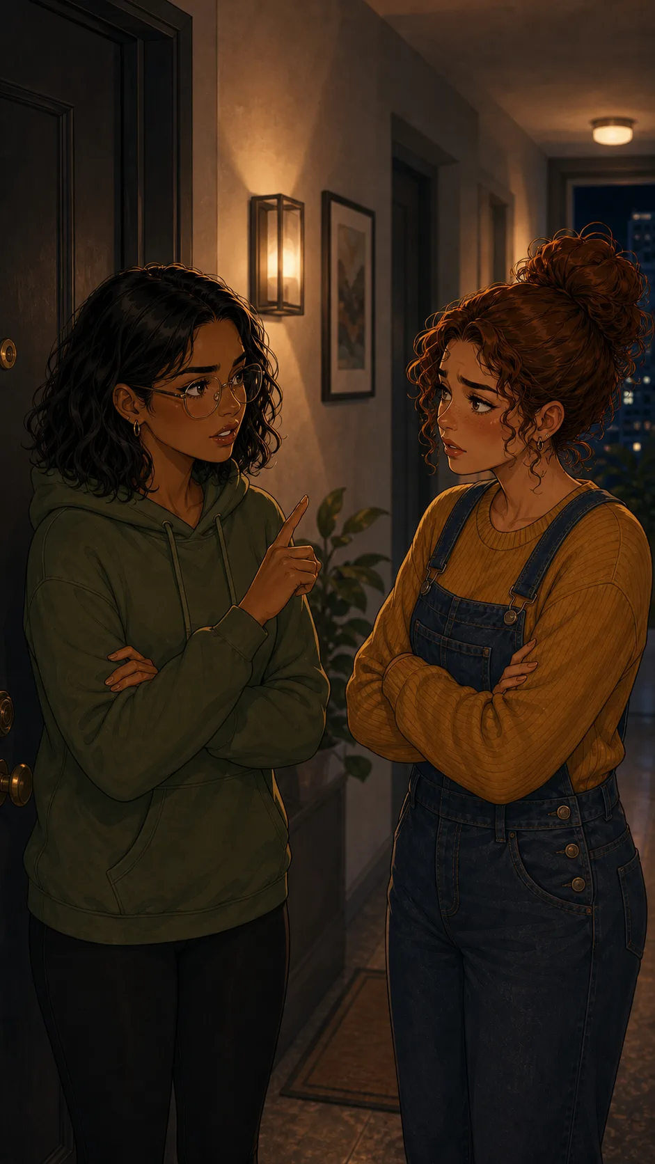 Two fictional neighbors discuss Wi-Fi access in an apartment hallway.