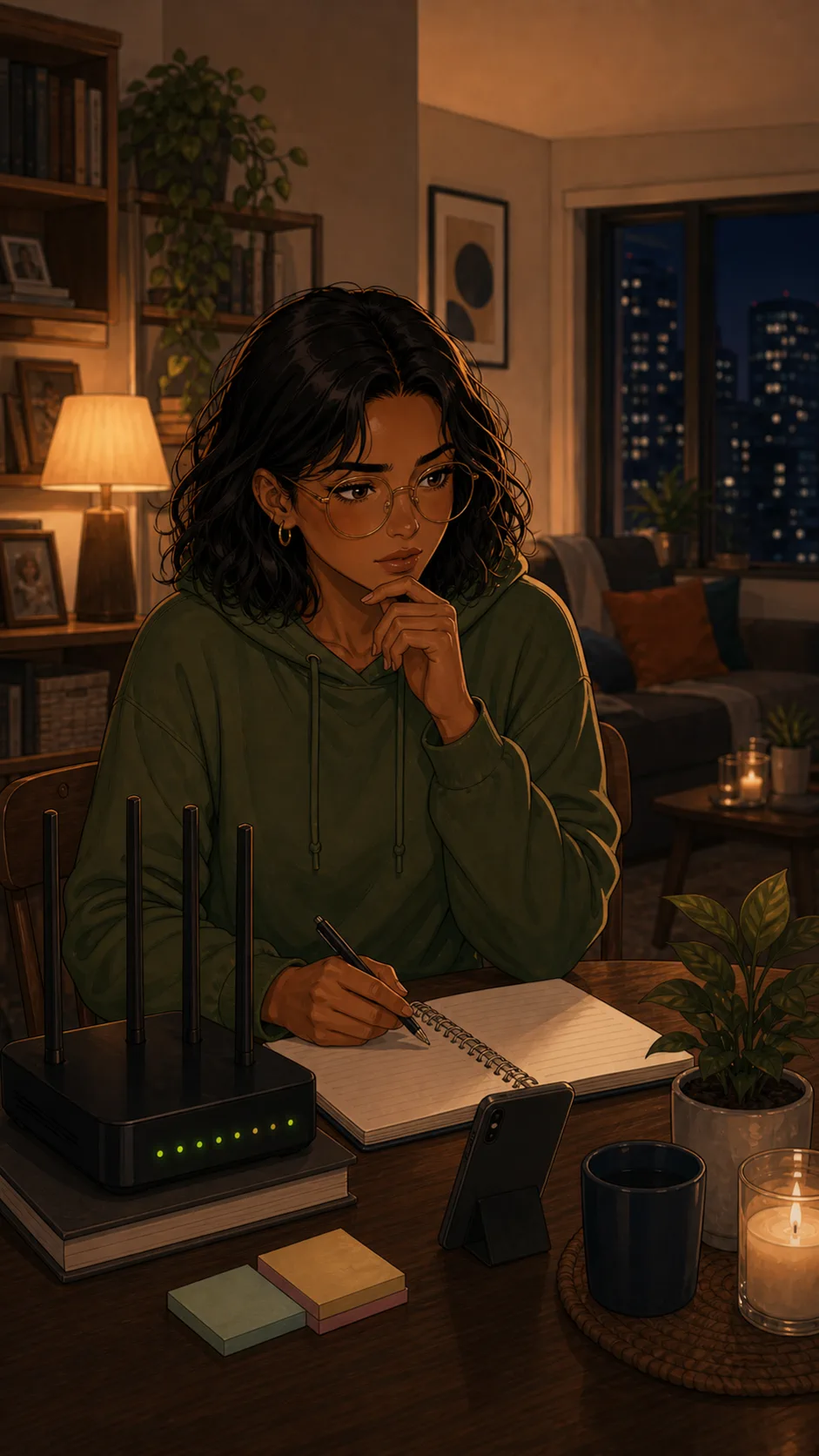 A fictional renter sits with a router and blank notebook while considering guest access settings.