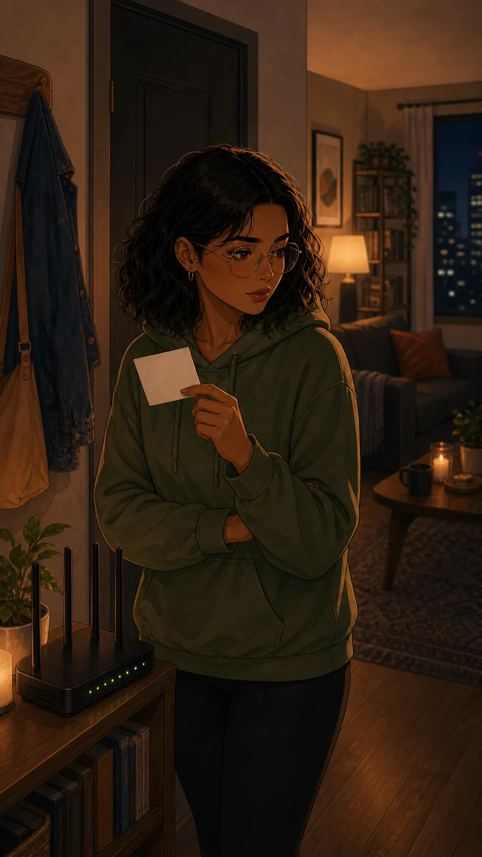 A fictional renter stands by her apartment door with a blank password card, deciding what access should mean.
