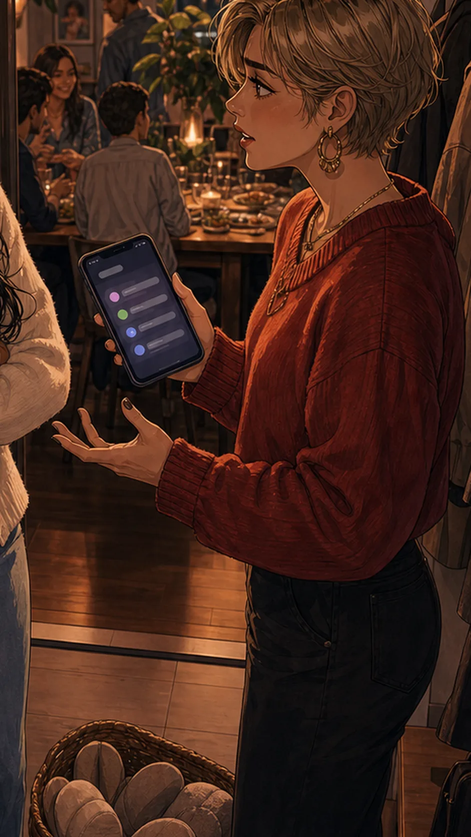 A close view of a generic dinner invite on a phone shown as abstract cards with no readable interface.