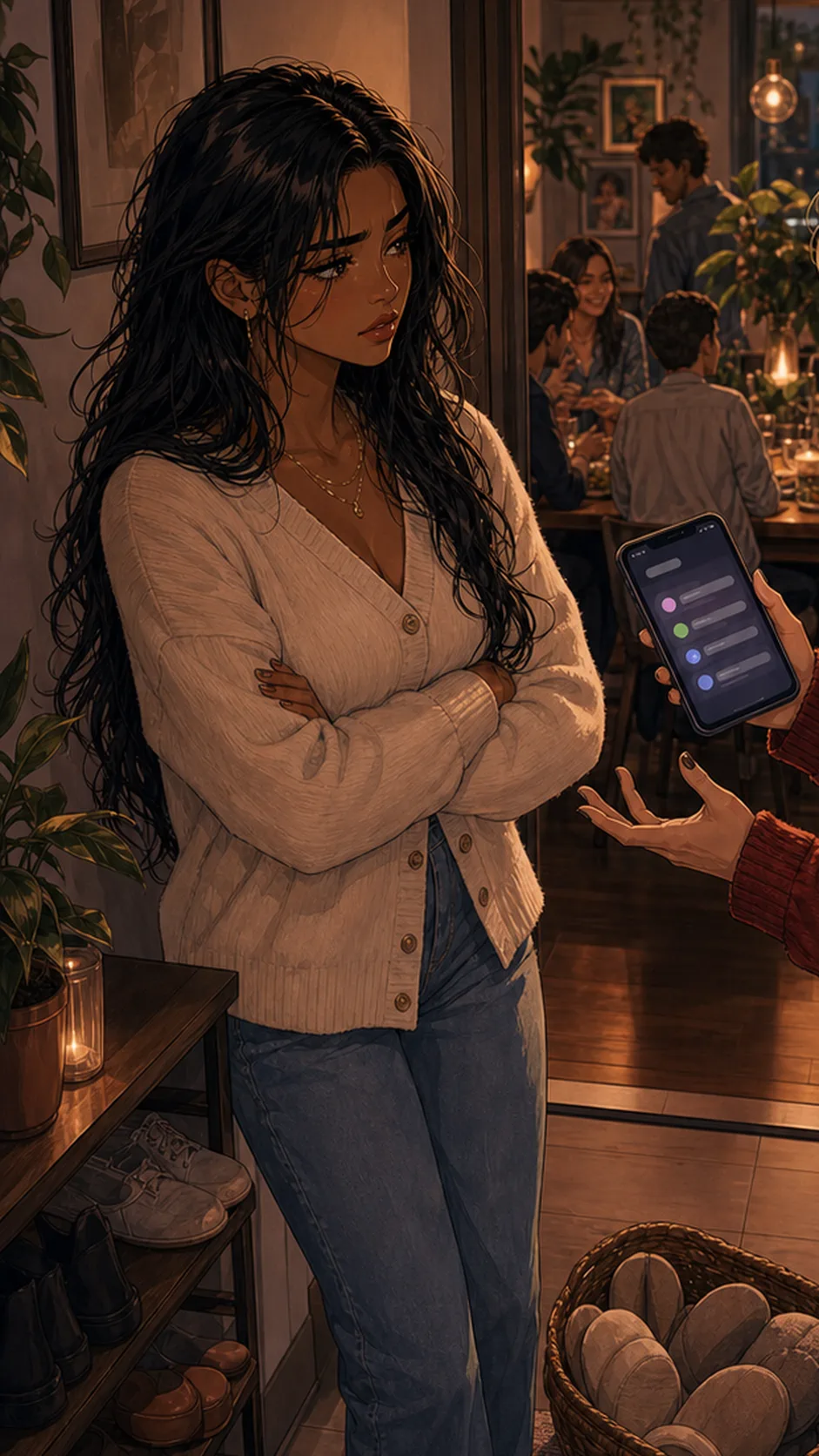 Leah looks at her phone in the kitchen while a pan steams, group chat shapes glowing with no readable details.