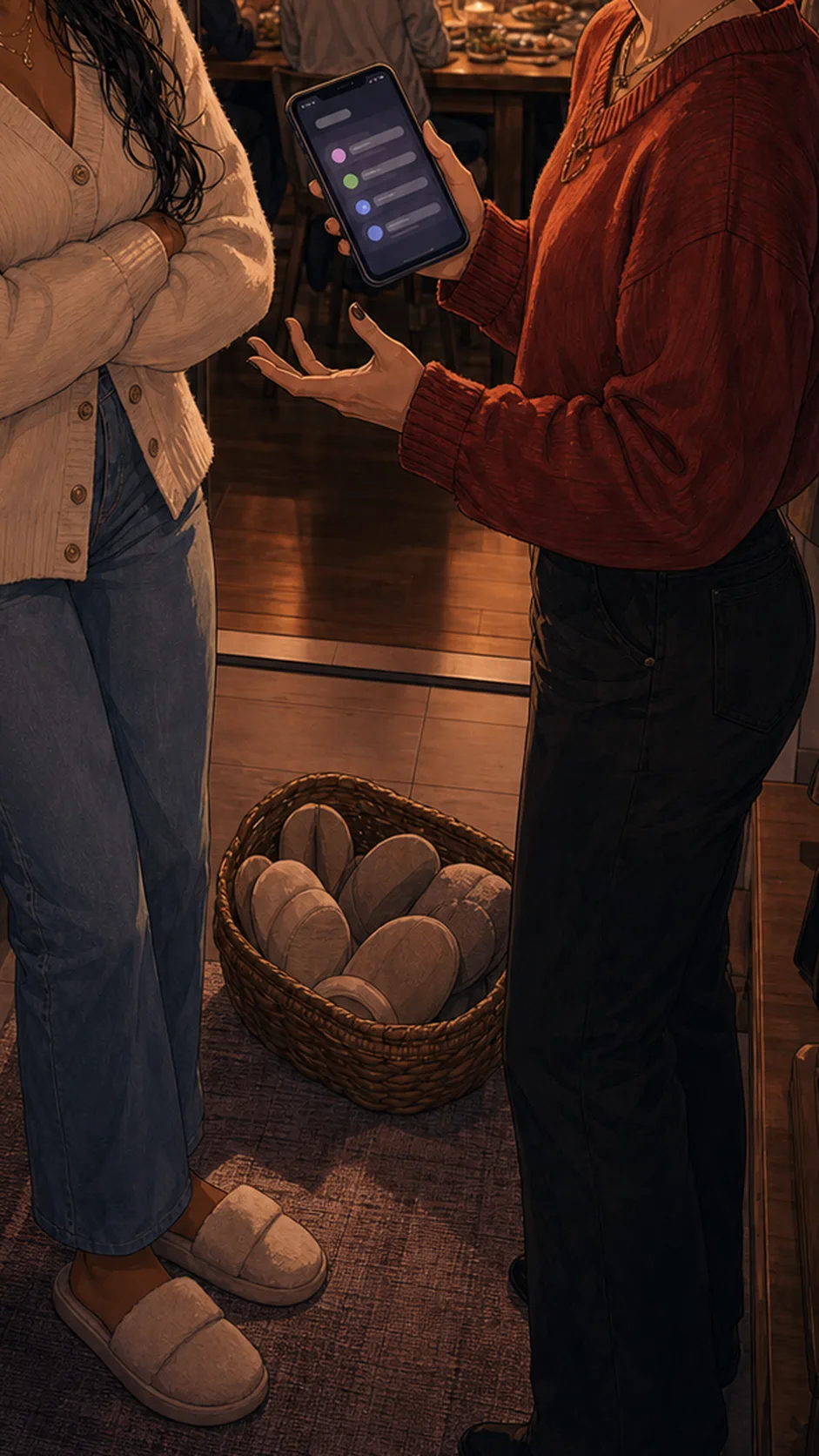 Leah opens a basket of clean guest slippers and thick socks near the door while Brooke looks surprised.