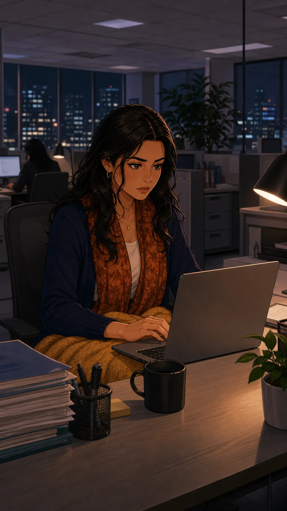 Tessa works at her office desk with a soft blanket.