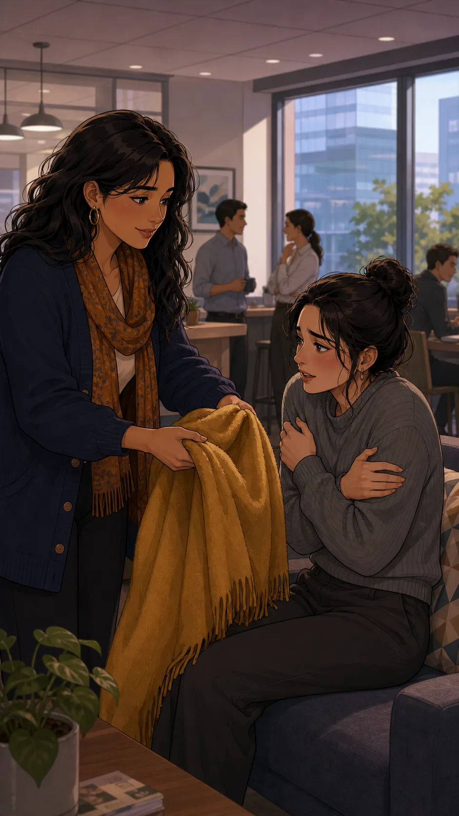 Tessa lends her blanket to a coworker in the office lounge.