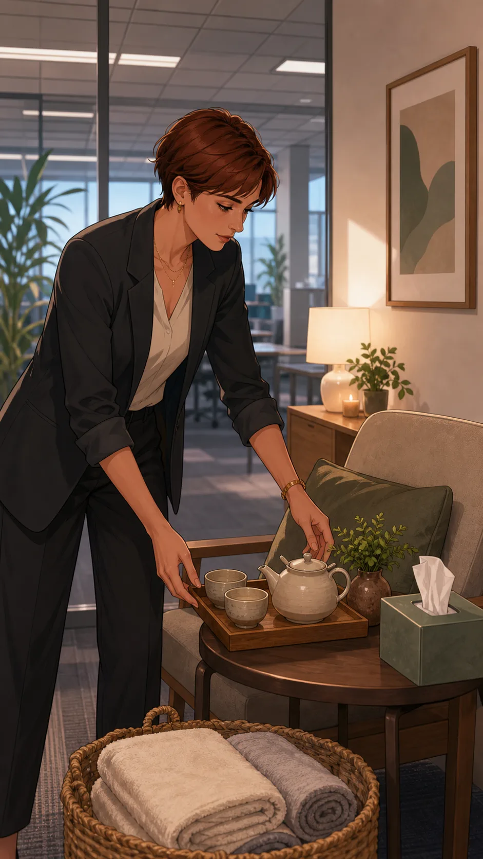 Brooke arranges a small wellness corner in the office.