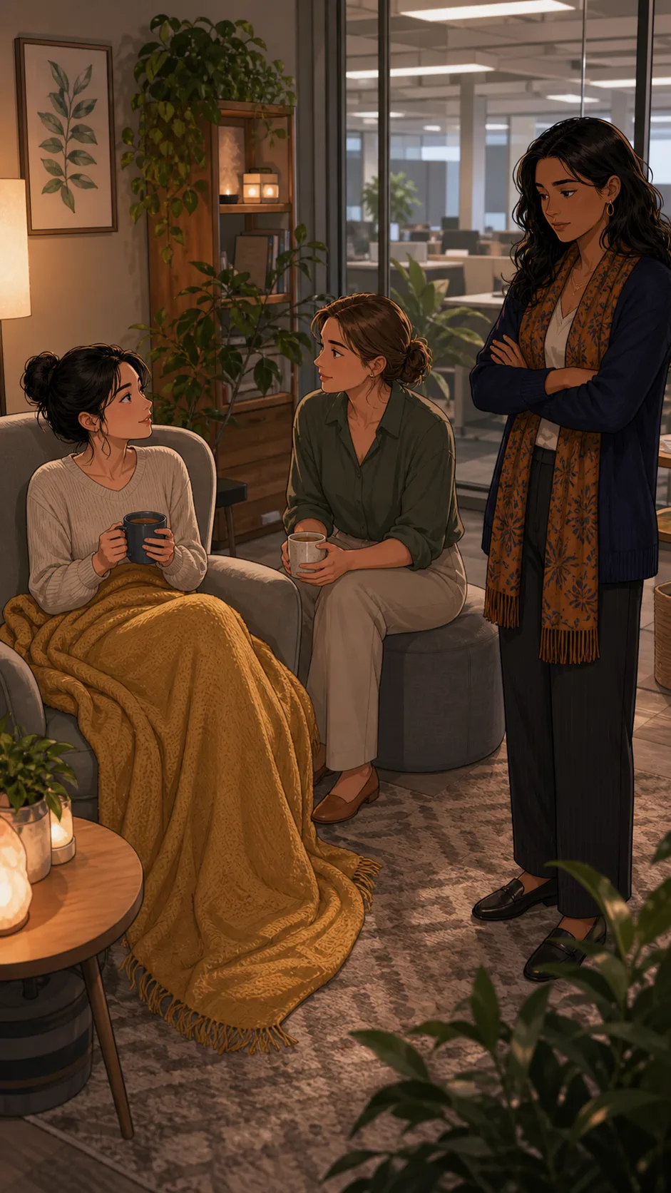 Coworkers use Tessa's blanket in the wellness corner.