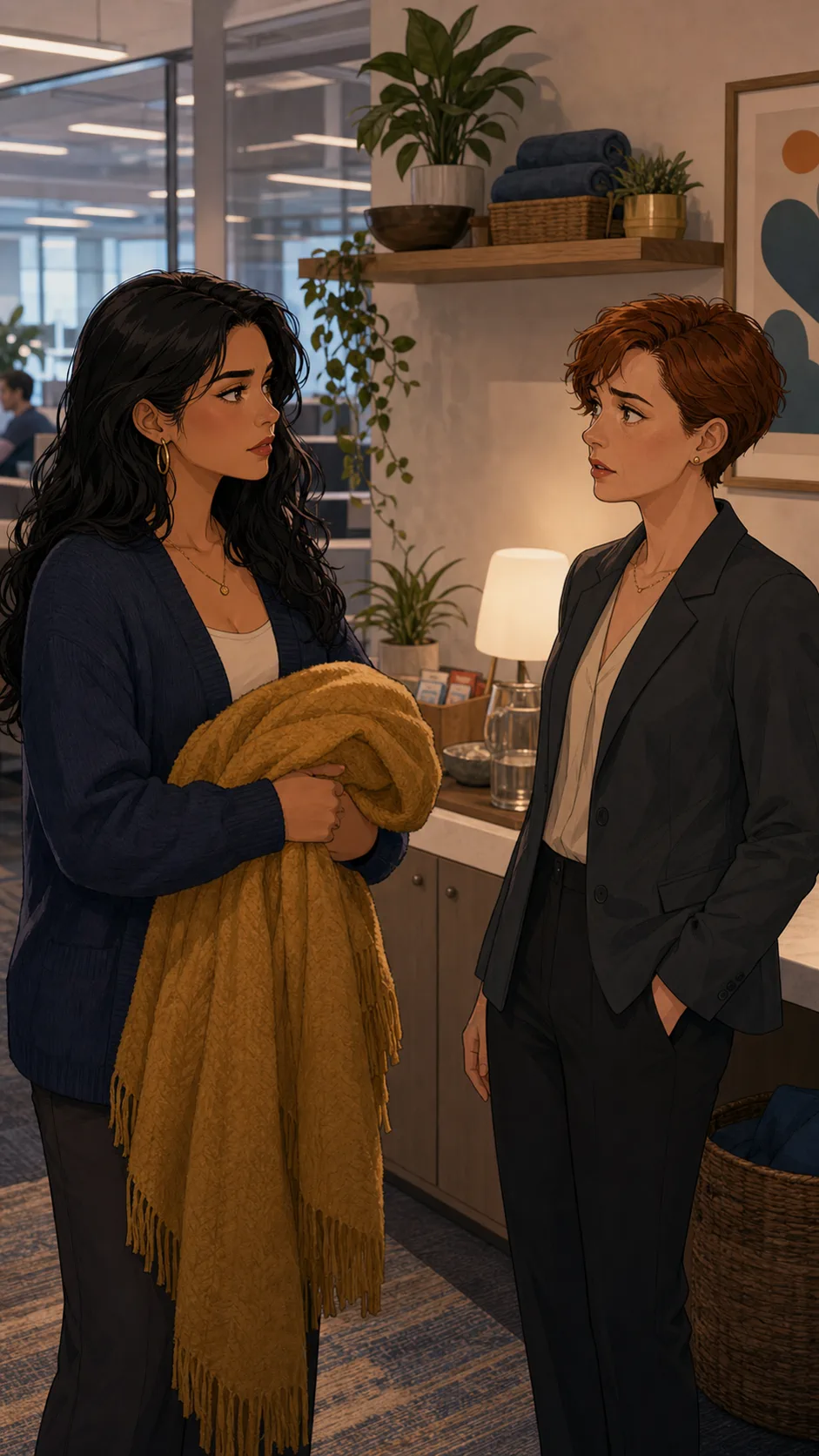 Tessa and Brooke discuss whether the blanket belongs in the wellness corner.