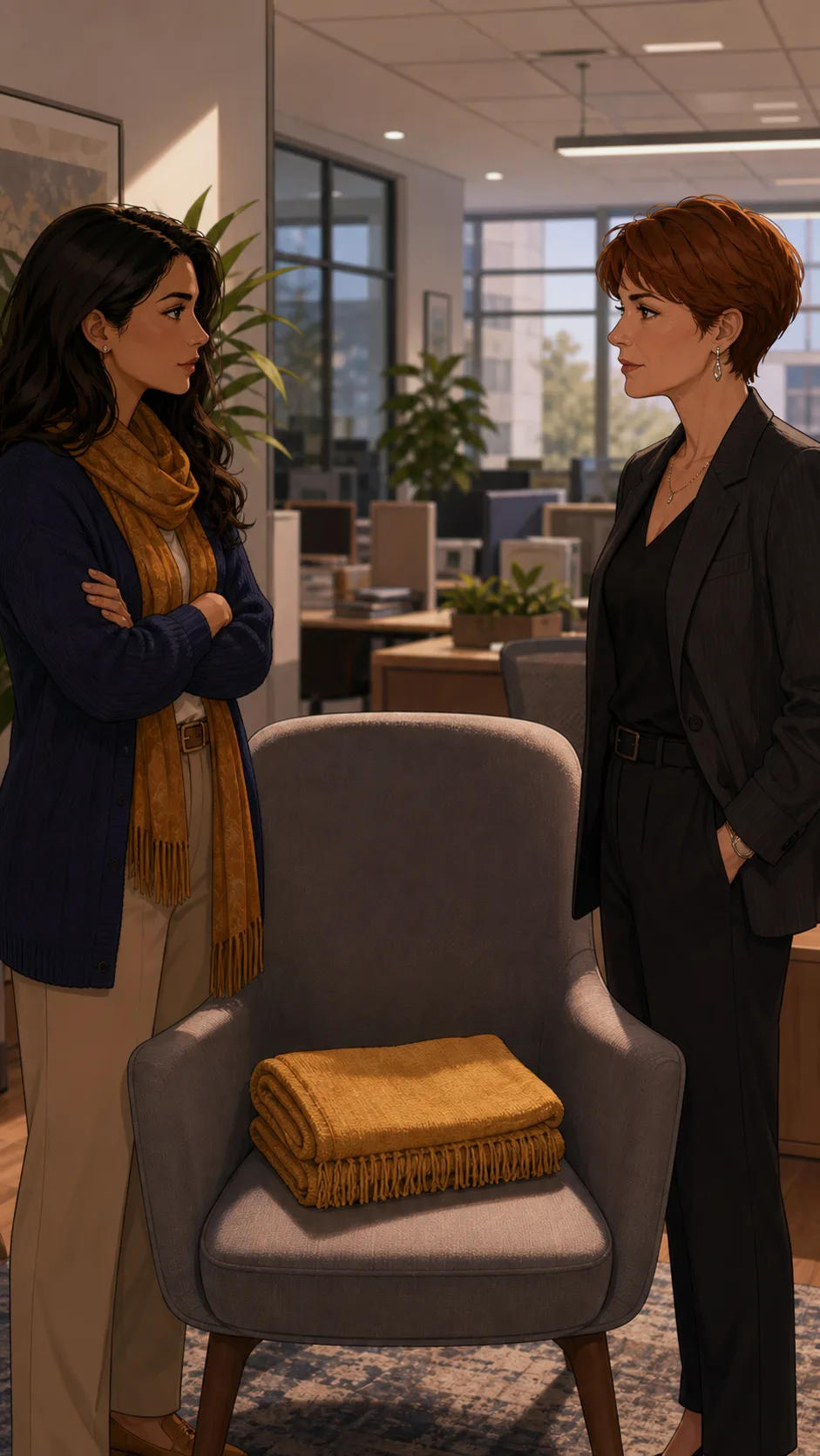 Tessa and Brooke stand thoughtfully beside the office wellness corner.