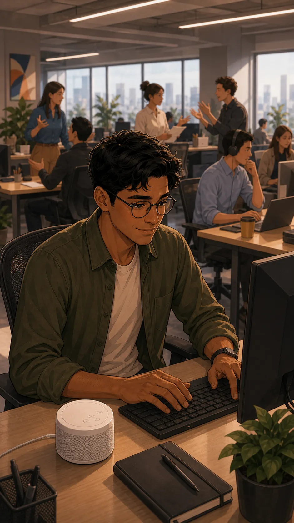 Devon works at his desk beside a small sound machine.
